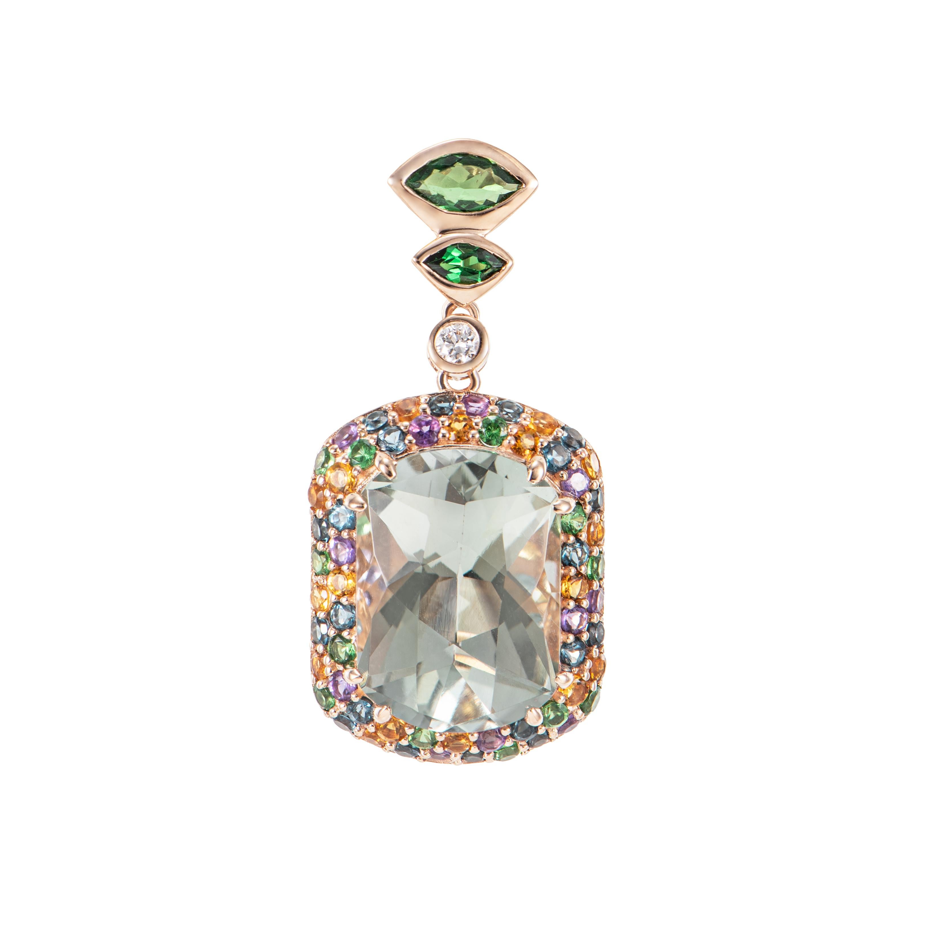 Contemporary Mint Quartz, Tsavorite, Multi Gemstone and White Diamond Pendant in 18KRG For Sale
