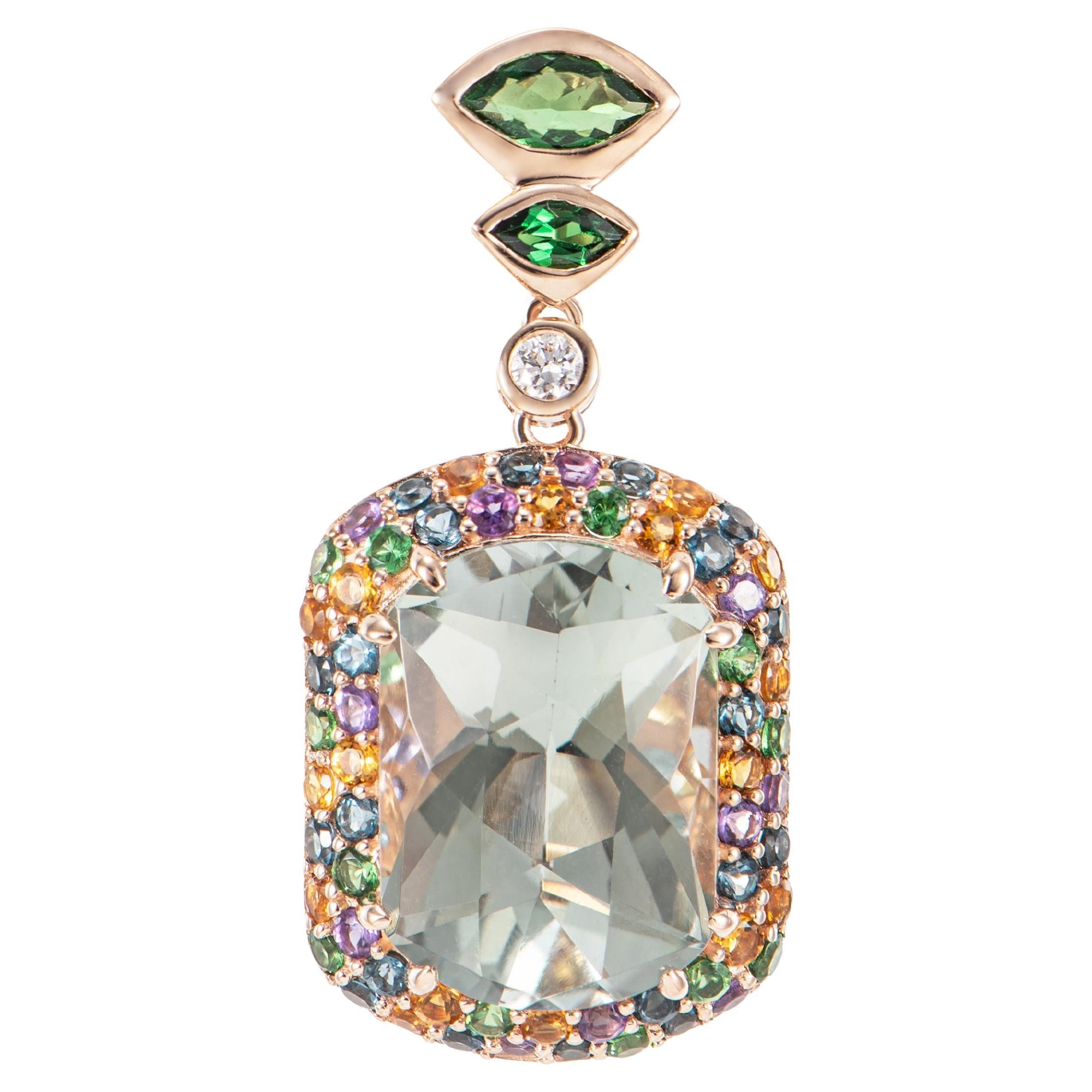 Mint Quartz, Tsavorite, Multi Gemstone and White Diamond Pendant in 18KRG