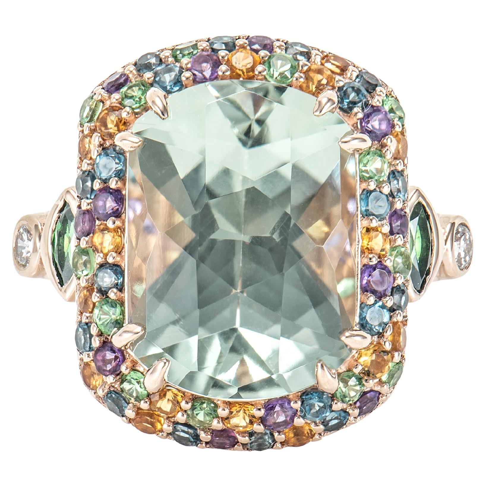 Mint Quartz, Tsavorite, Multi Gemstone and White Diamond Cocktail Ring in 18KRG. For Sale