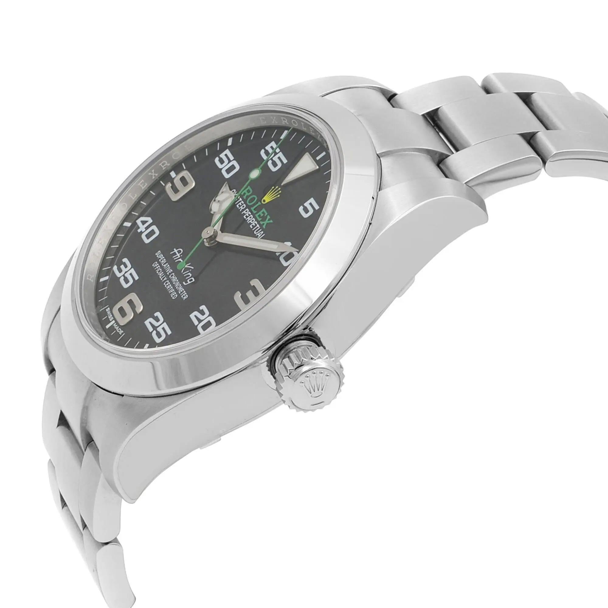 Mint Rolex Air-King Green Hand Steel Black Dial Automatic Watch 116900 In Excellent Condition For Sale In New York, NY