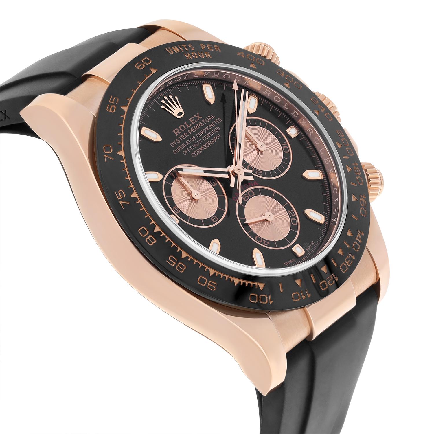 MINT Rolex Cosmograph Daytona Rose Gold 116515LN 40mm Black Oysterflex Complete In Excellent Condition For Sale In New York, NY