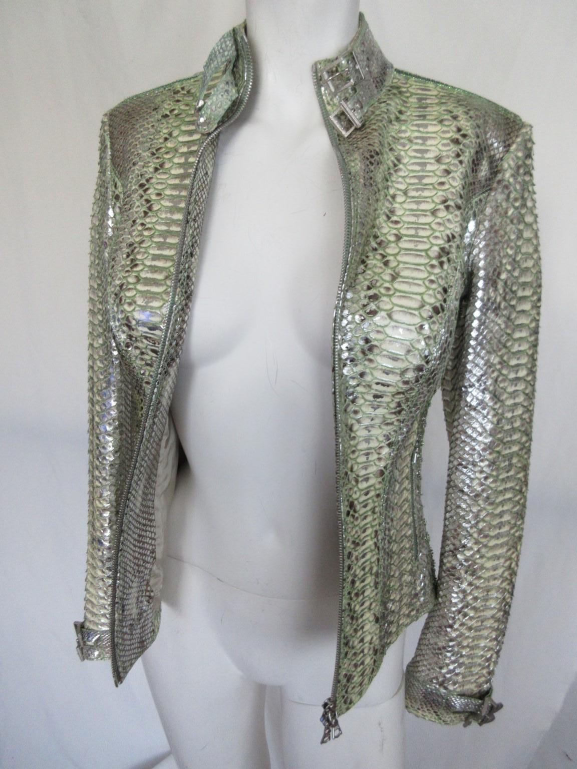Mint Silver Exotic Leather Jacket Small 6 For Sale 7