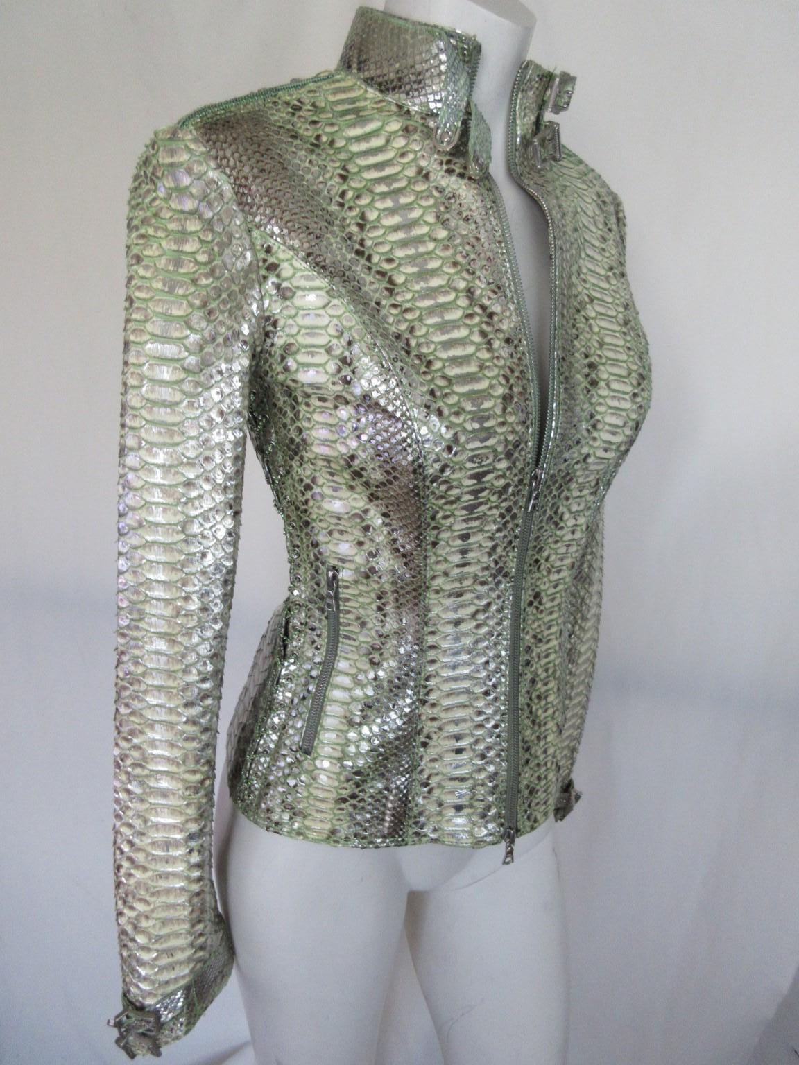 Mint Silver Exotic Leather Jacket Small 6 For Sale 10