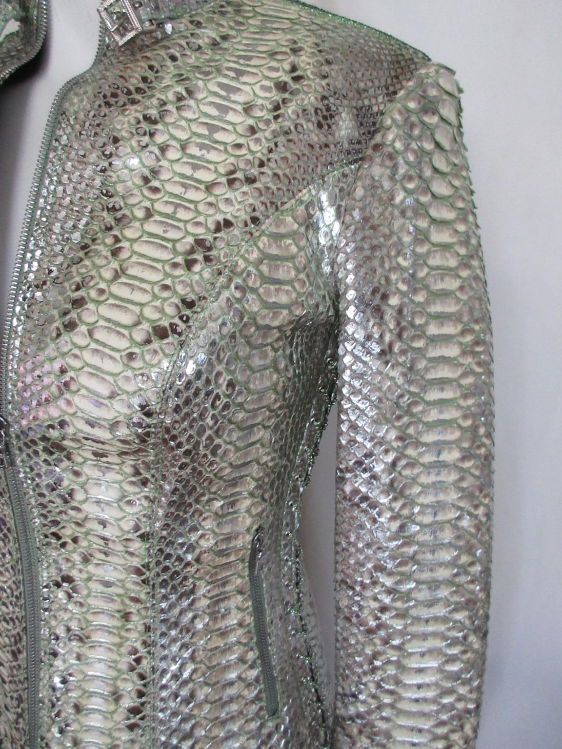 Mint Silver Exotic Leather Jacket Small 6 In New Condition For Sale In Amsterdam, NL