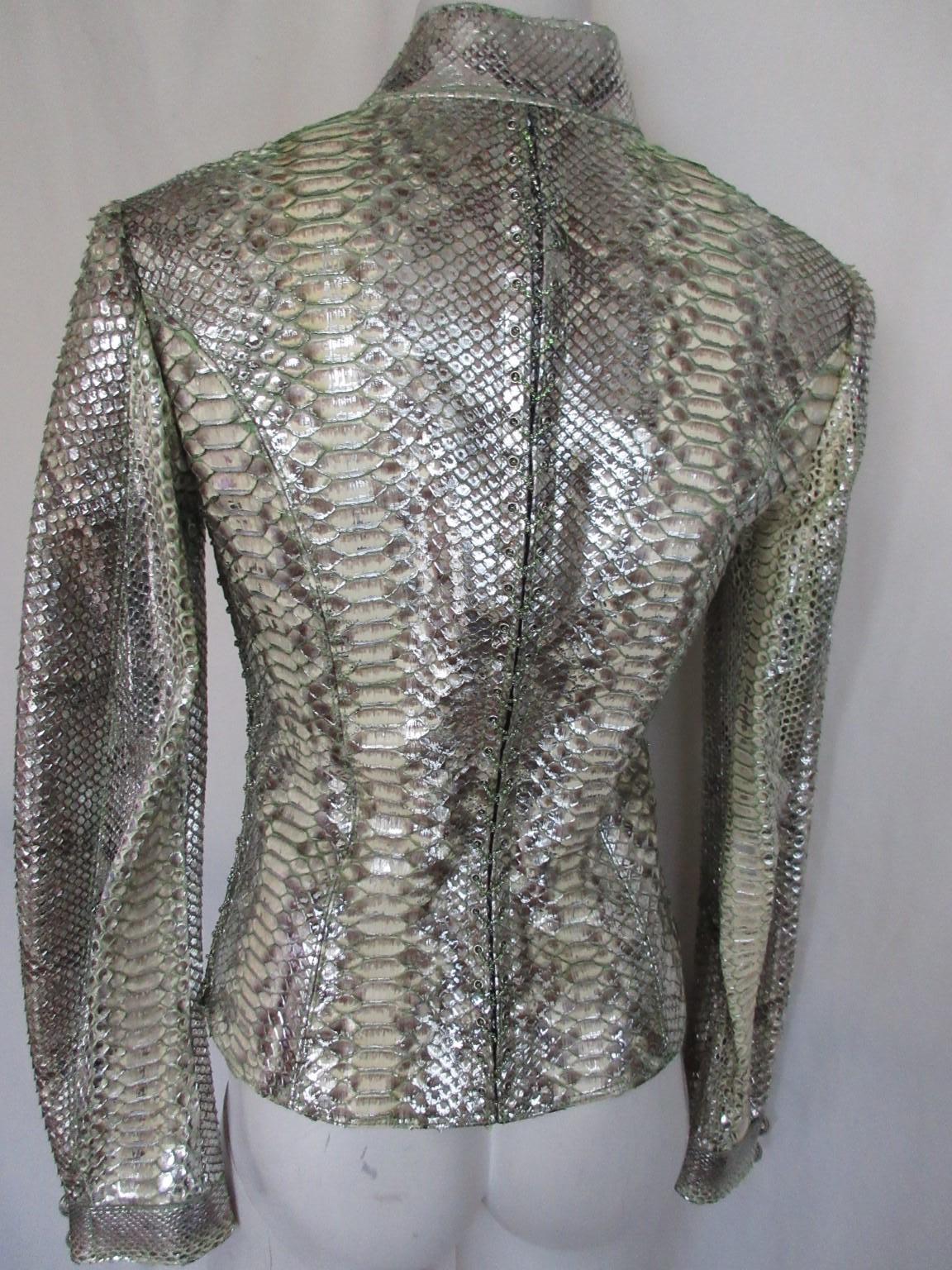 Mint Silver Exotic Leather Jacket Small 6 For Sale 1