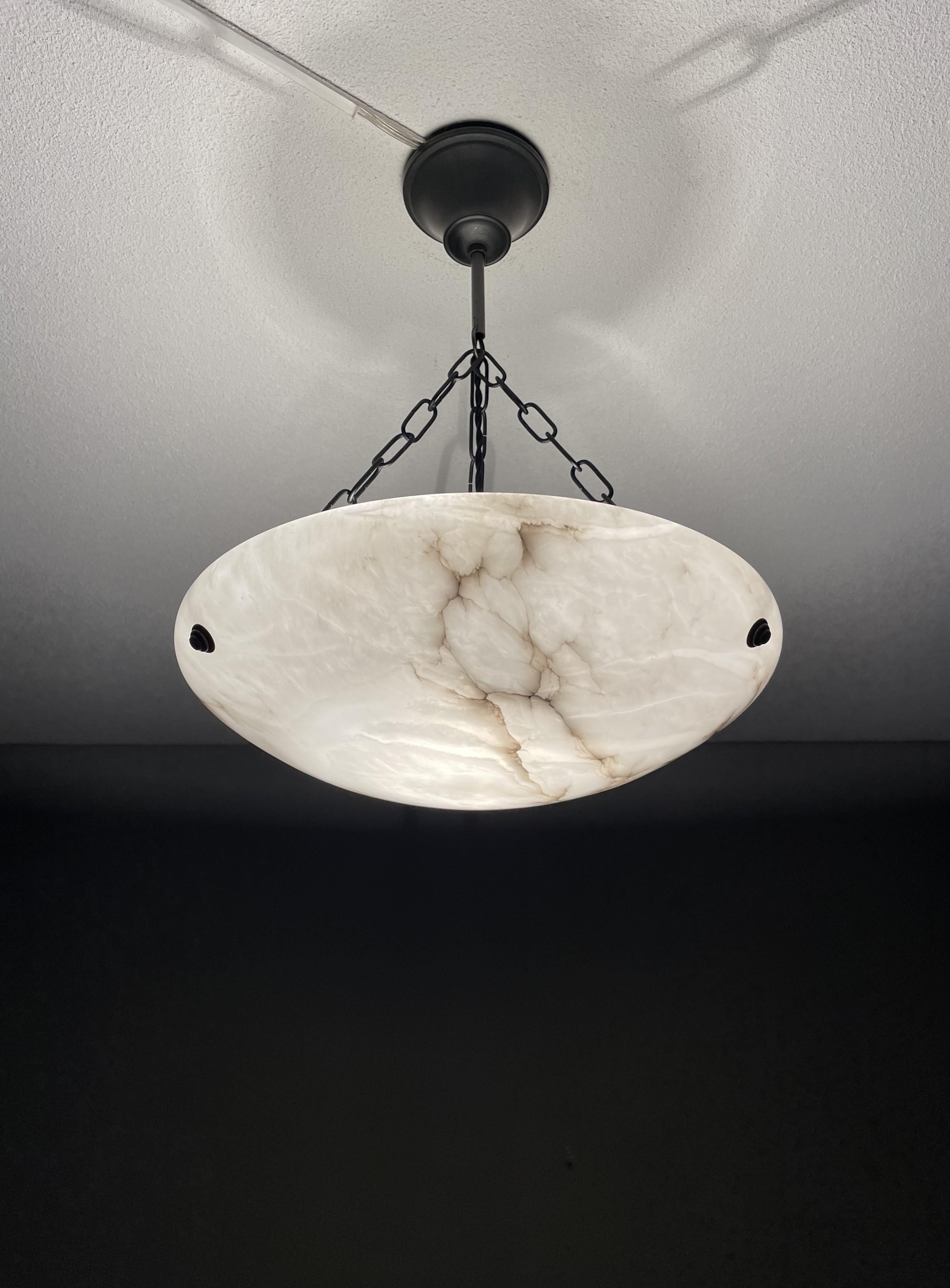Mint & Timeless White & Black Antique Alabaster Pendant Light / Chandelier 1910s 12