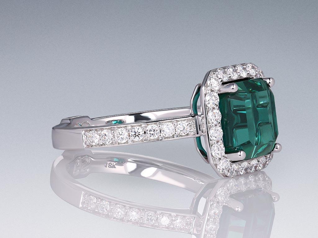 Neoclassical Green-Blue Indicolite Tourmaline 3.65 carat Ring with diamonds in 18K white gold For Sale