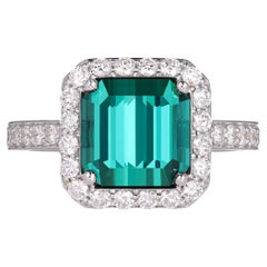Green-Blue Indicolite Tourmaline 3.65 carat Ring with diamonds in 18K white gold