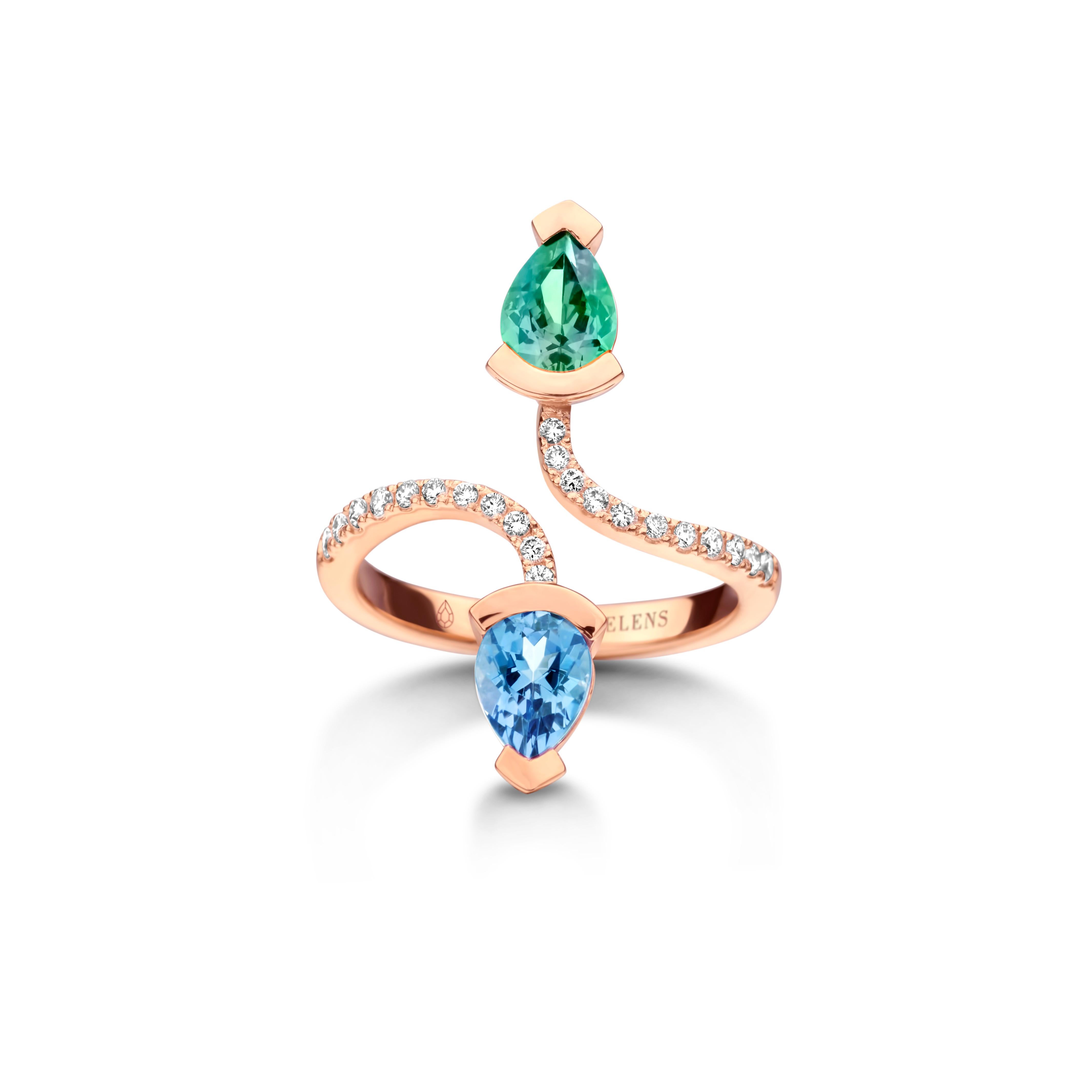 Adeline Duo ring in 18Kt yellow gold 5g set with a pear-shaped Santa Maria aquamarine 0,70 Ct, a pear-shaped mint tourmaline 0,70 Ct and 0,19 Ct of white brilliant cut diamonds - VS F quality. Celine Roelens, a goldsmith and gemologist, is