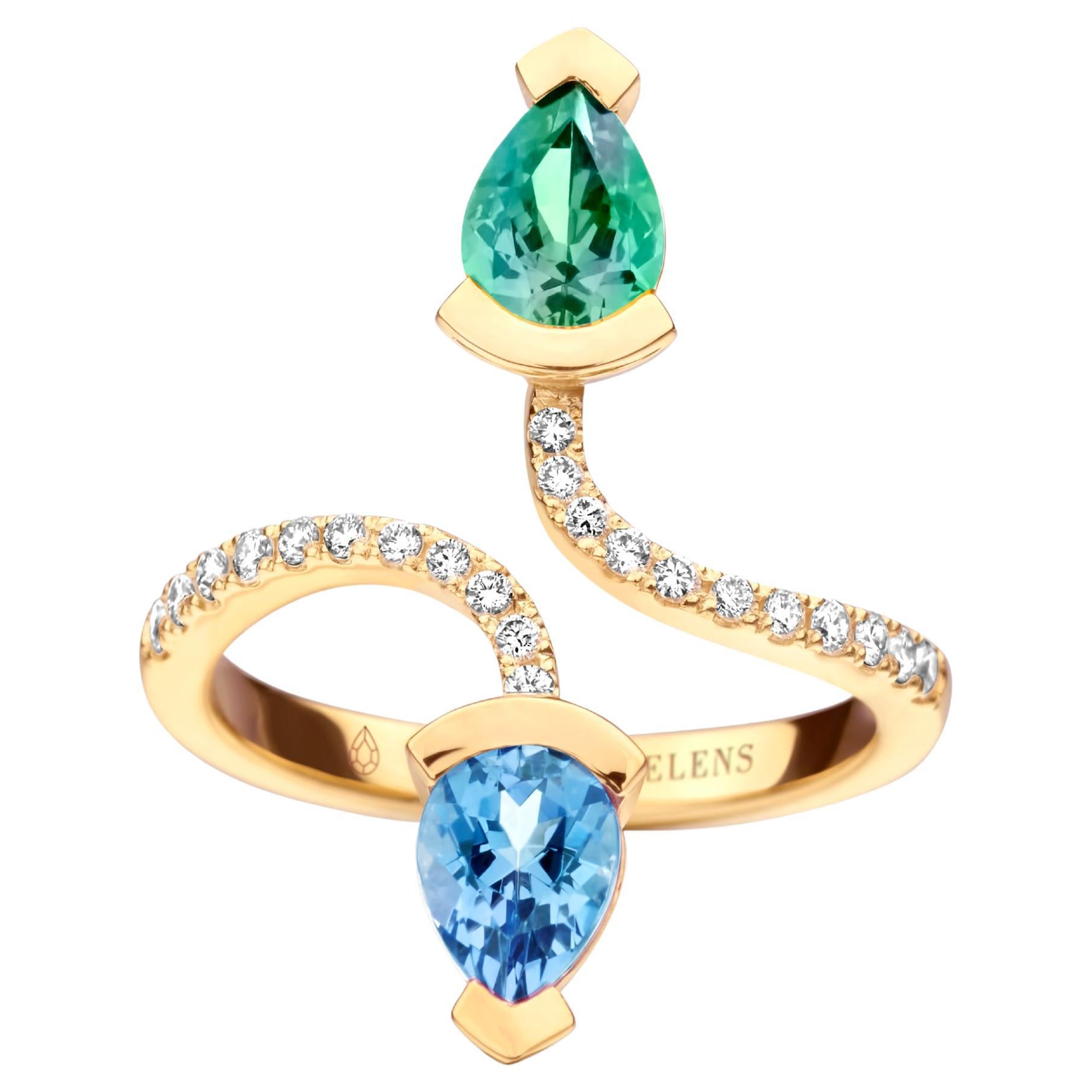 Mint Tourmaline And Santa Maria Aquamarine Yellow Gold Diamond Cocktail Ring For Sale