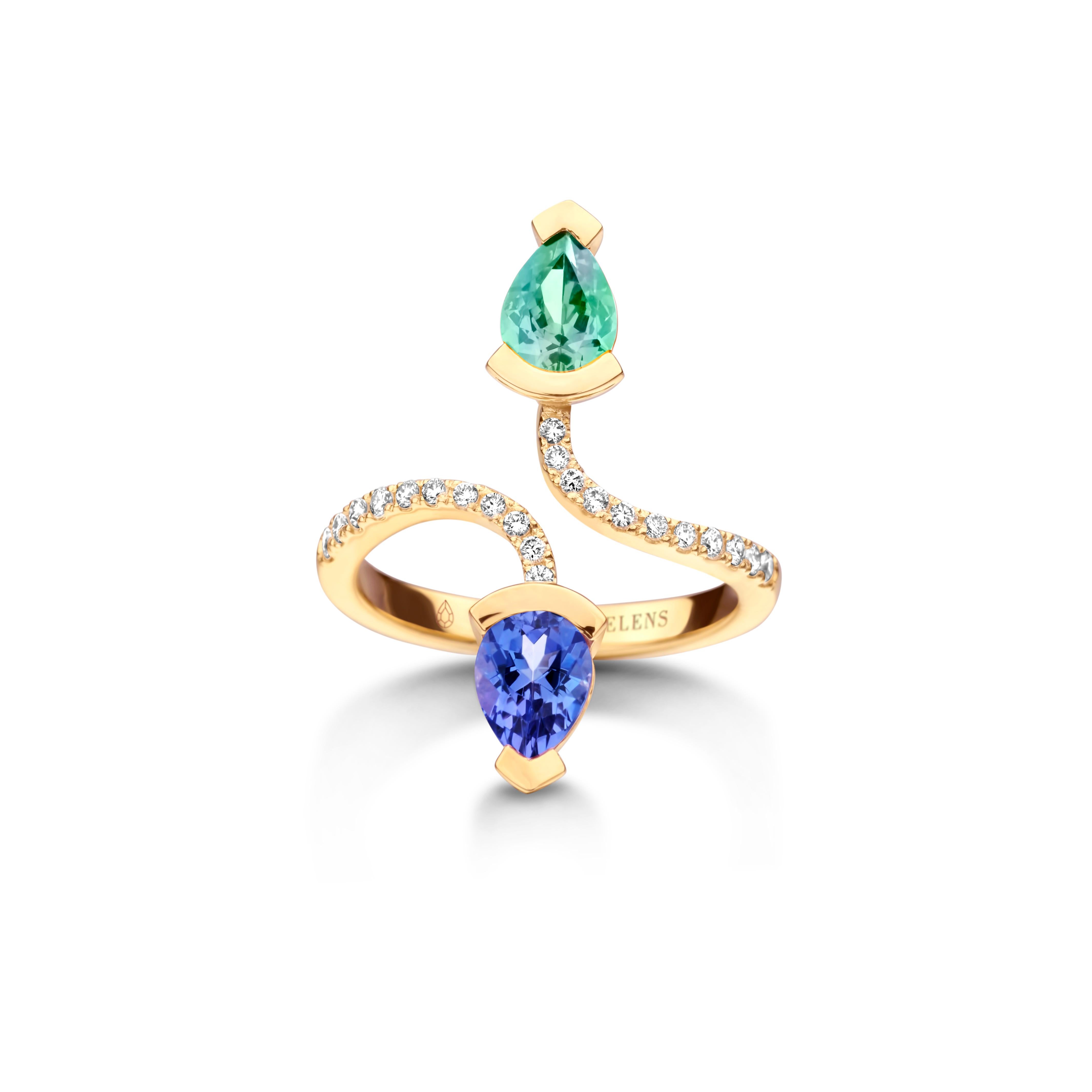 Adeline Duo ring in 18Kt white gold 5g set with a pear-shaped mint tourmaline 0,70 Ct, a pear-shaped Tanzanite 0,70 Ct and 0,19 Ct of white brilliant cut diamonds - VS F quality. Celine Roelens, a goldsmith and gemologist, is specialized in unique,