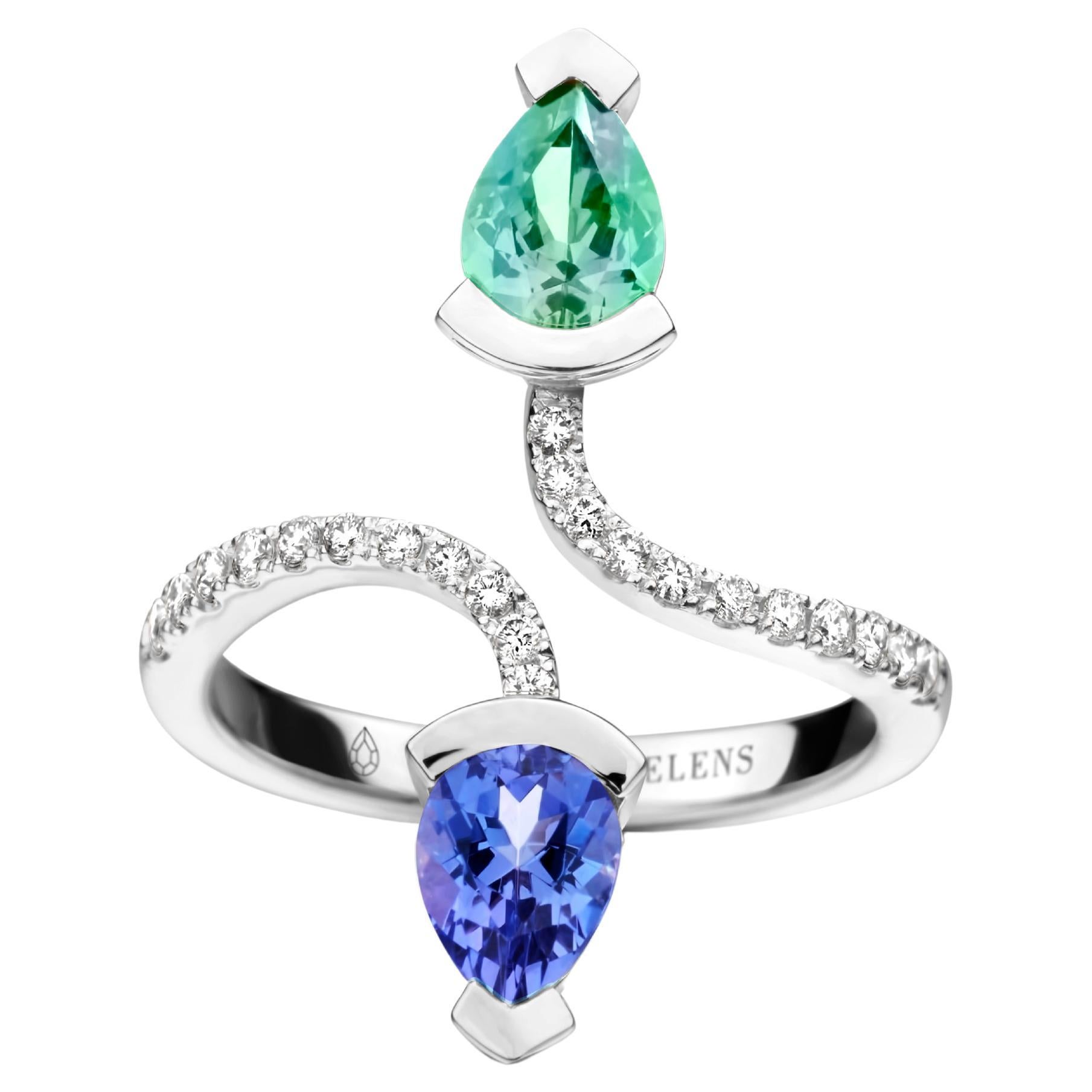 Mint Tourmaline And Tanzanite White Gold Diamond Cocktail Ring For Sale