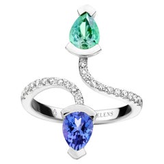 Bague cocktail tourmaline menthe et tanzanite en or blanc et diamant