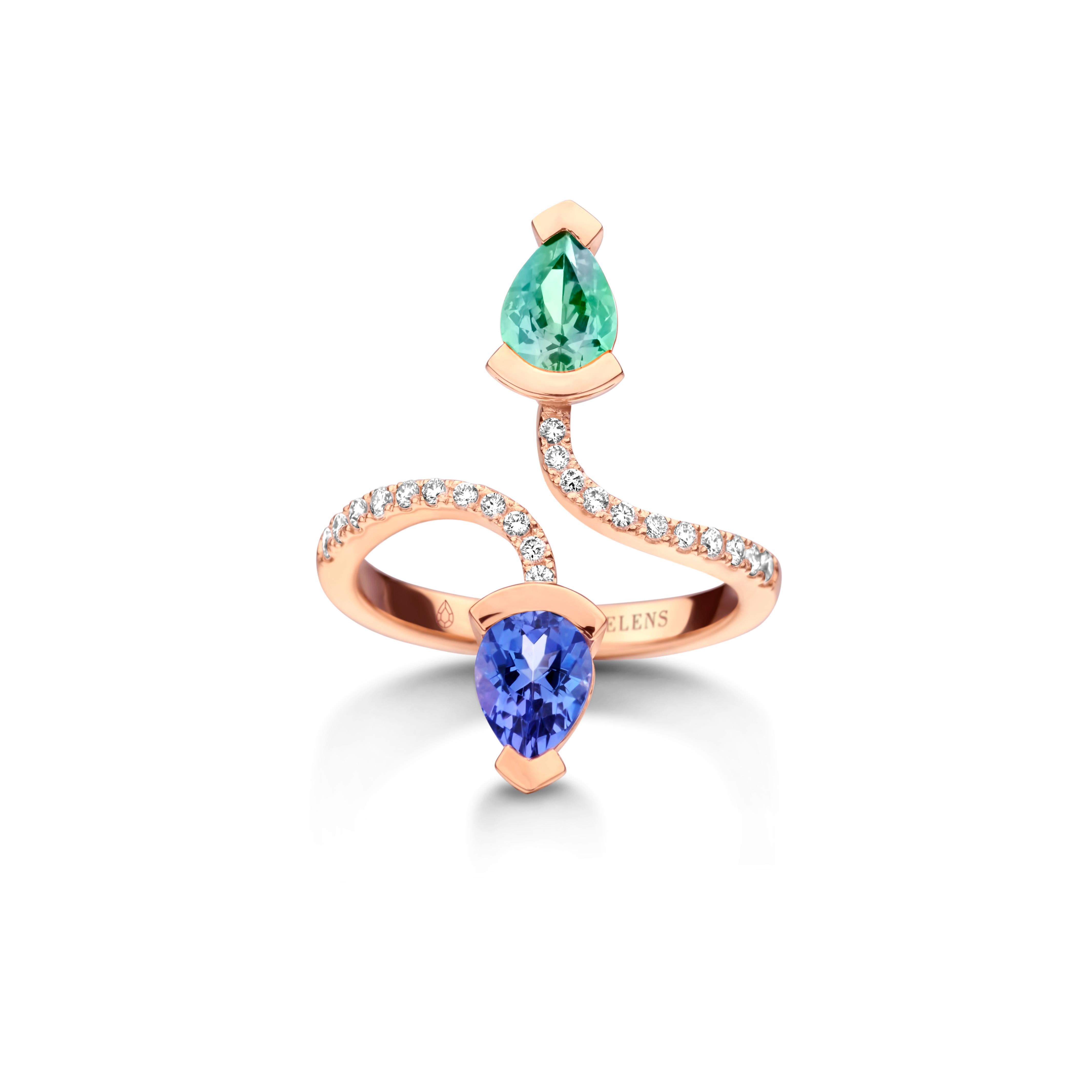 Adeline Duo ring in 18Kt yellow gold 5g set with a pear-shaped mint tourmaline 0,70 Ct, a pear-shaped Tanzanite 0,70 Ct and 0,19 Ct of white brilliant cut diamonds - VS F quality. Celine Roelens, a goldsmith and gemologist, is specialized in unique,