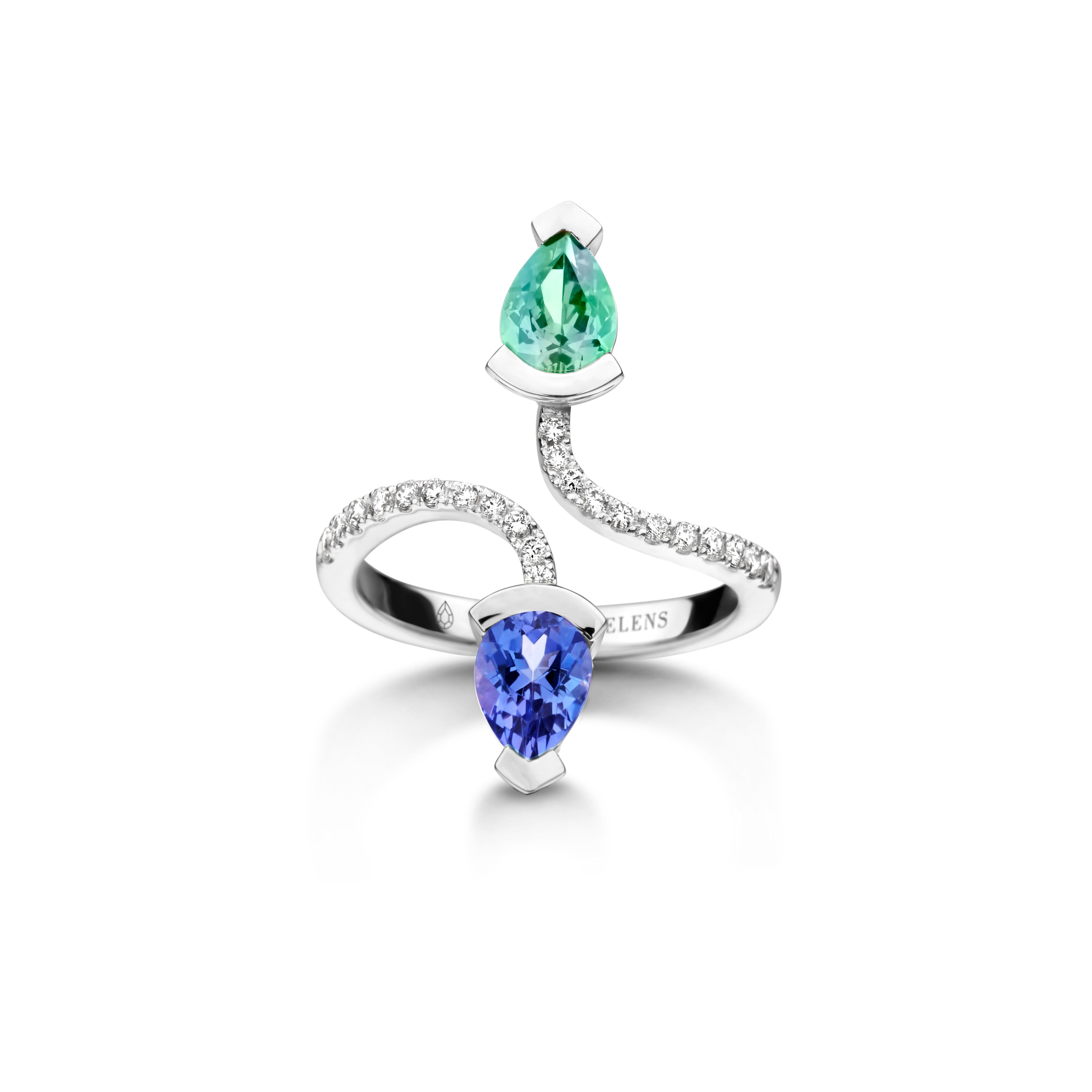 Contemporary Mint Tourmaline And Tanzanite Yellow Gold Diamond Cocktail Ring For Sale