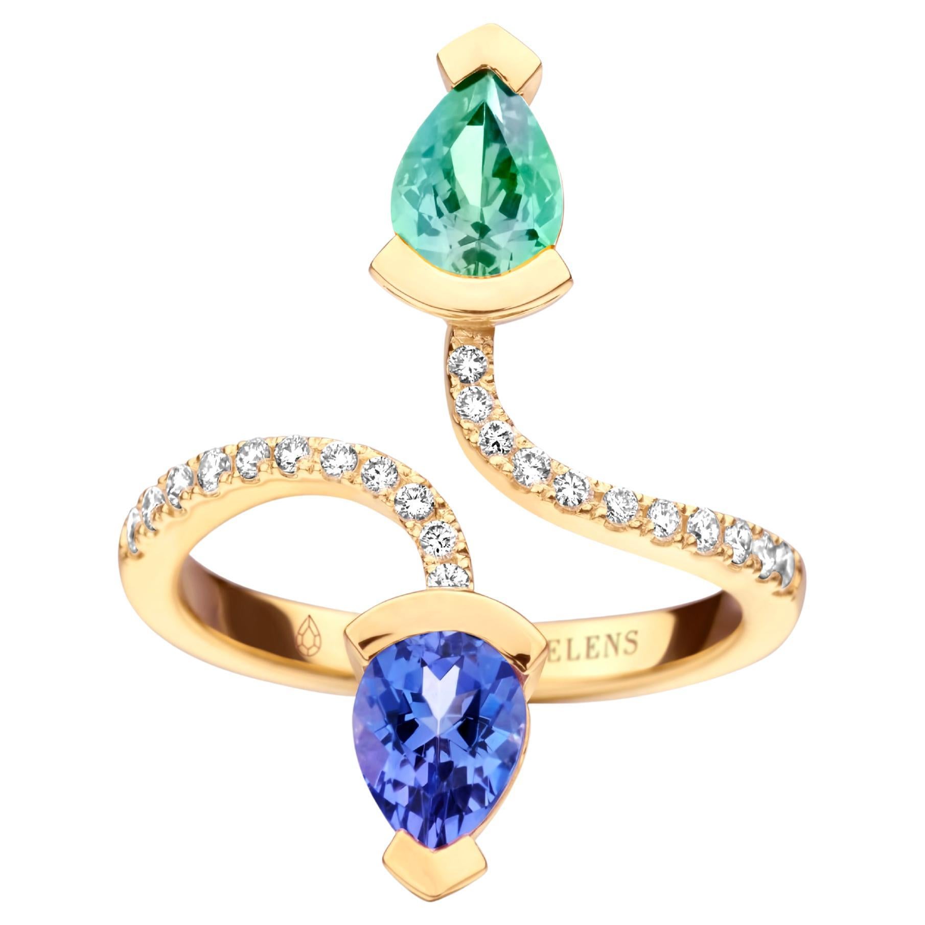 Mint Tourmaline And Tanzanite Yellow Gold Diamond Cocktail Ring For Sale