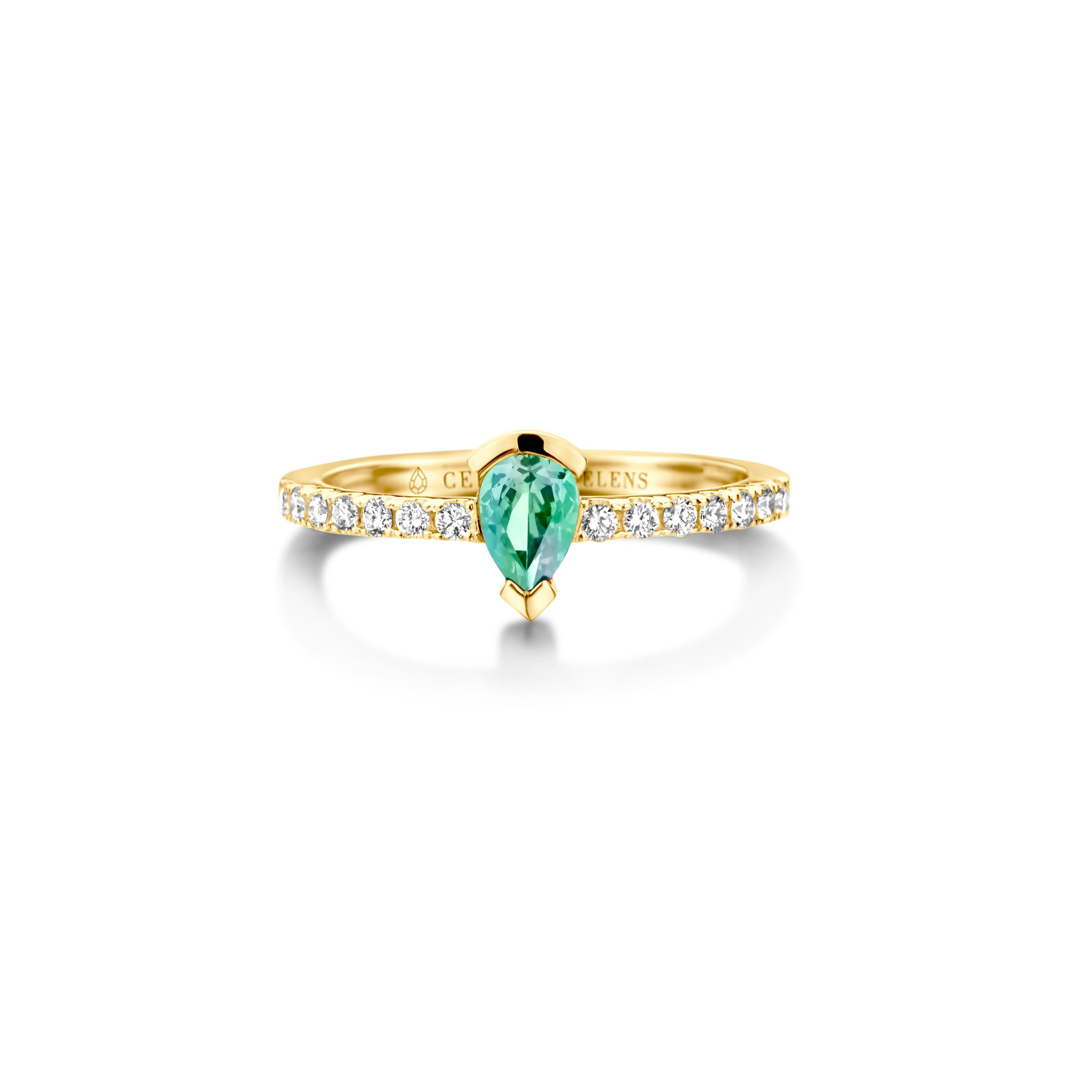 Adeline Straight ring in 18Kt white gold set with a pear-shaped mint tourmaline and 0,24 Ct of white brilliant cut diamonds - VS F quality. Also, available in yellow gold and white gold. Celine Roelens, a goldsmith and gemologist, is specialized in