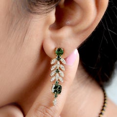 Mint Tourmaline Drop Earrings With Diamond In 18k Yellow Gold