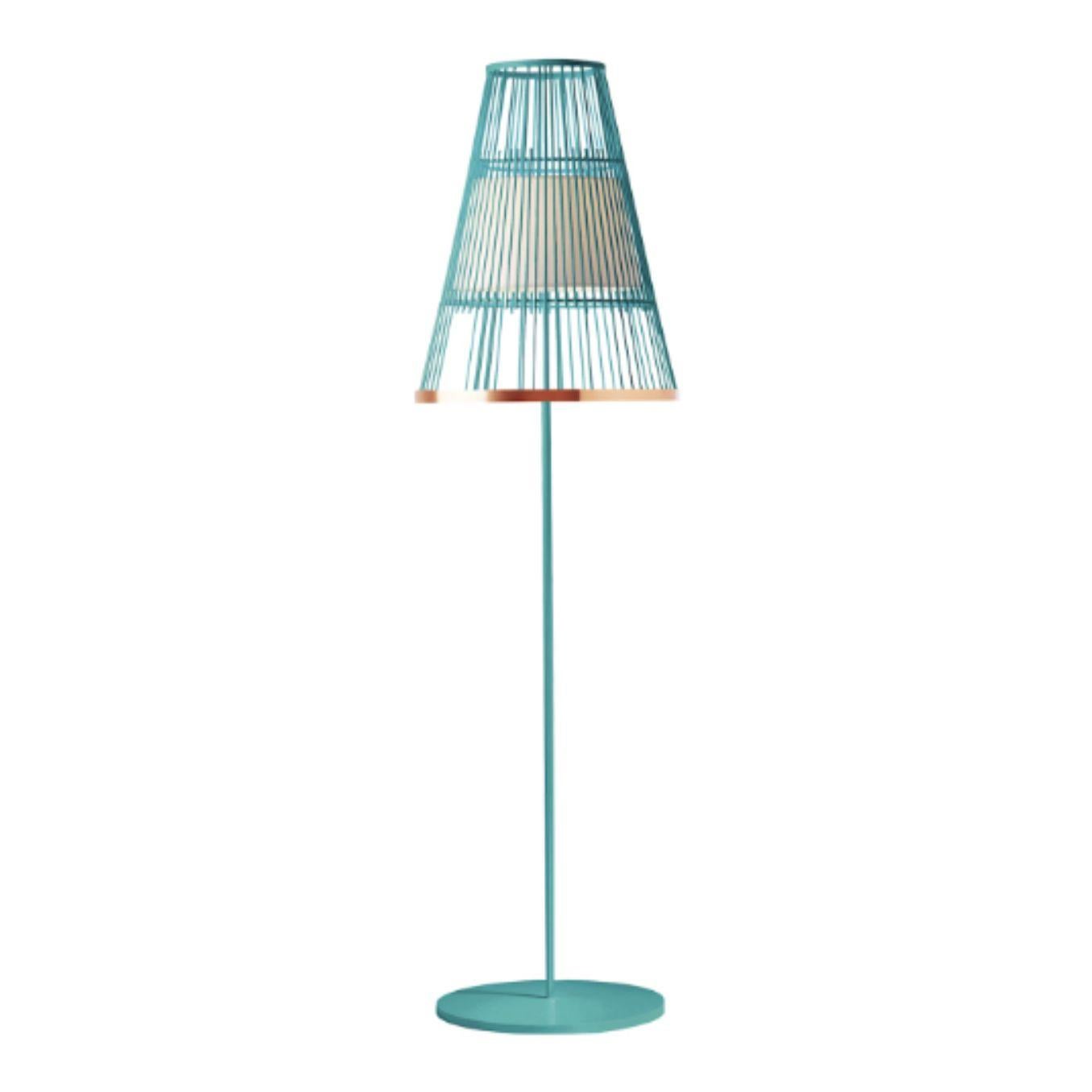 Mint Up floor lamp with copper ring by Dooq
Dimensions: W 47 x D 47 x H 170 cm
Materials: lacquered metal, polished or brushed metal, copper.
Abat-jour: cotton
Also available in different colors and materials. 

Information:
230V/50Hz
E27/1x20W