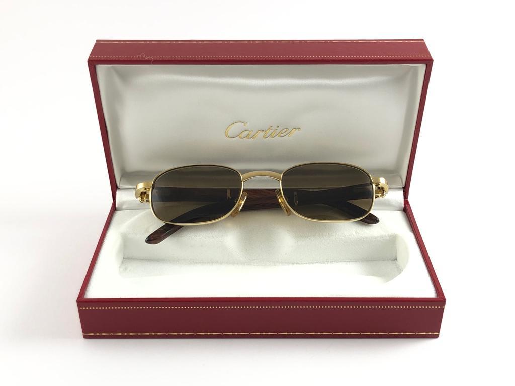 Lunettes de soleil vintage Cartier Camarat Wood 49mm Platine Precious Wood couleur menthe  en vente 7