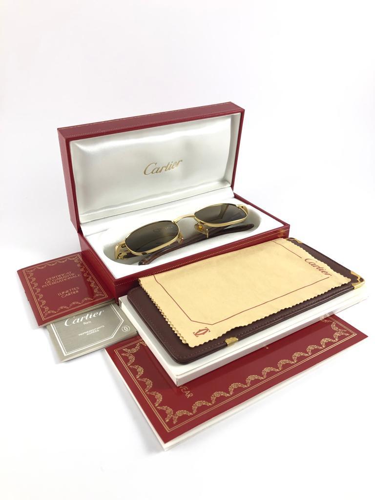 Lunettes de soleil vintage Cartier Camarat Wood 49mm Platine Precious Wood couleur menthe  en vente 9