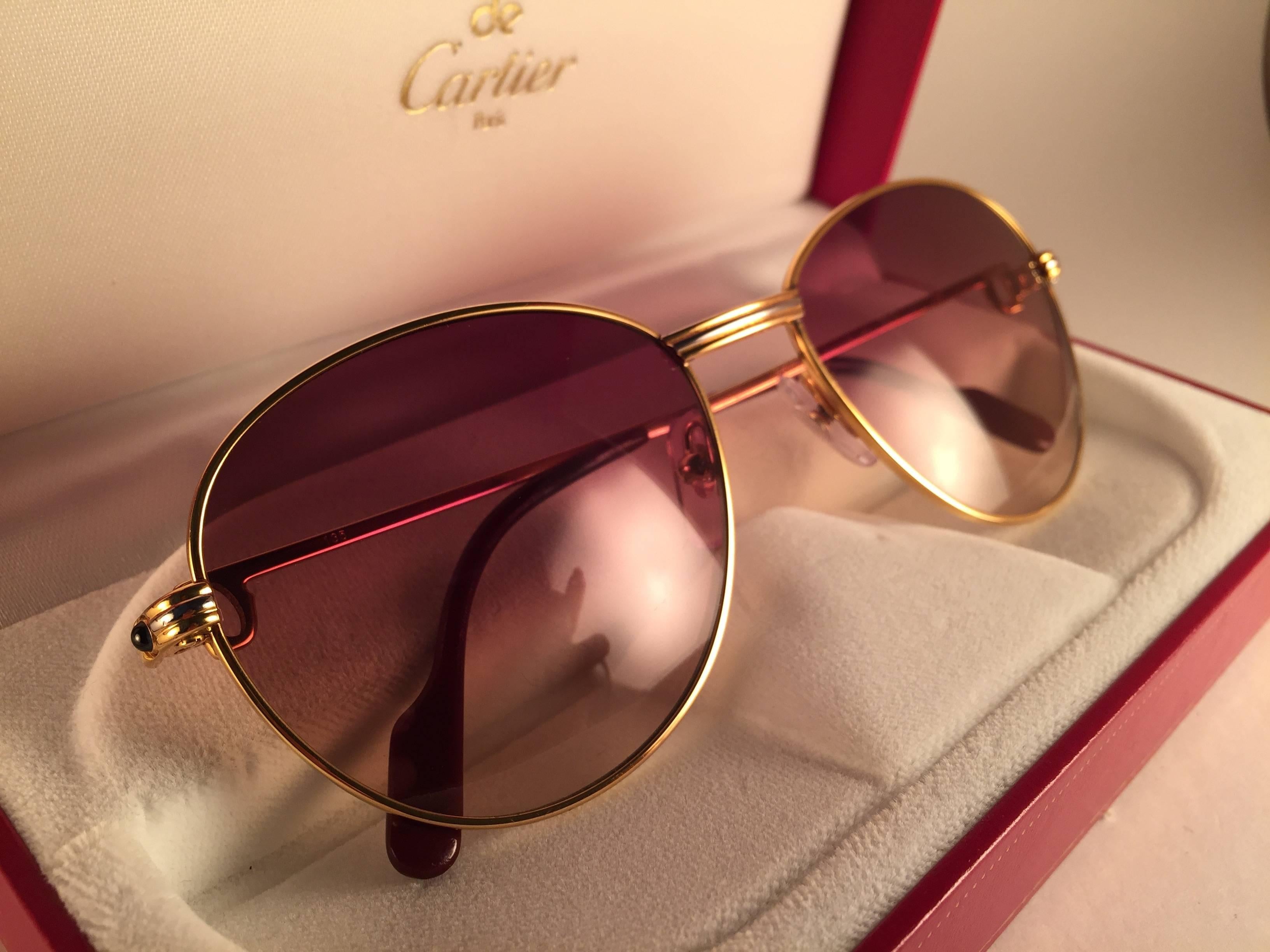 Women's or Men's Mint Vintage Cartier Louis Sapphire 55mm Sunglasses Heavy Gold Plated 18k France