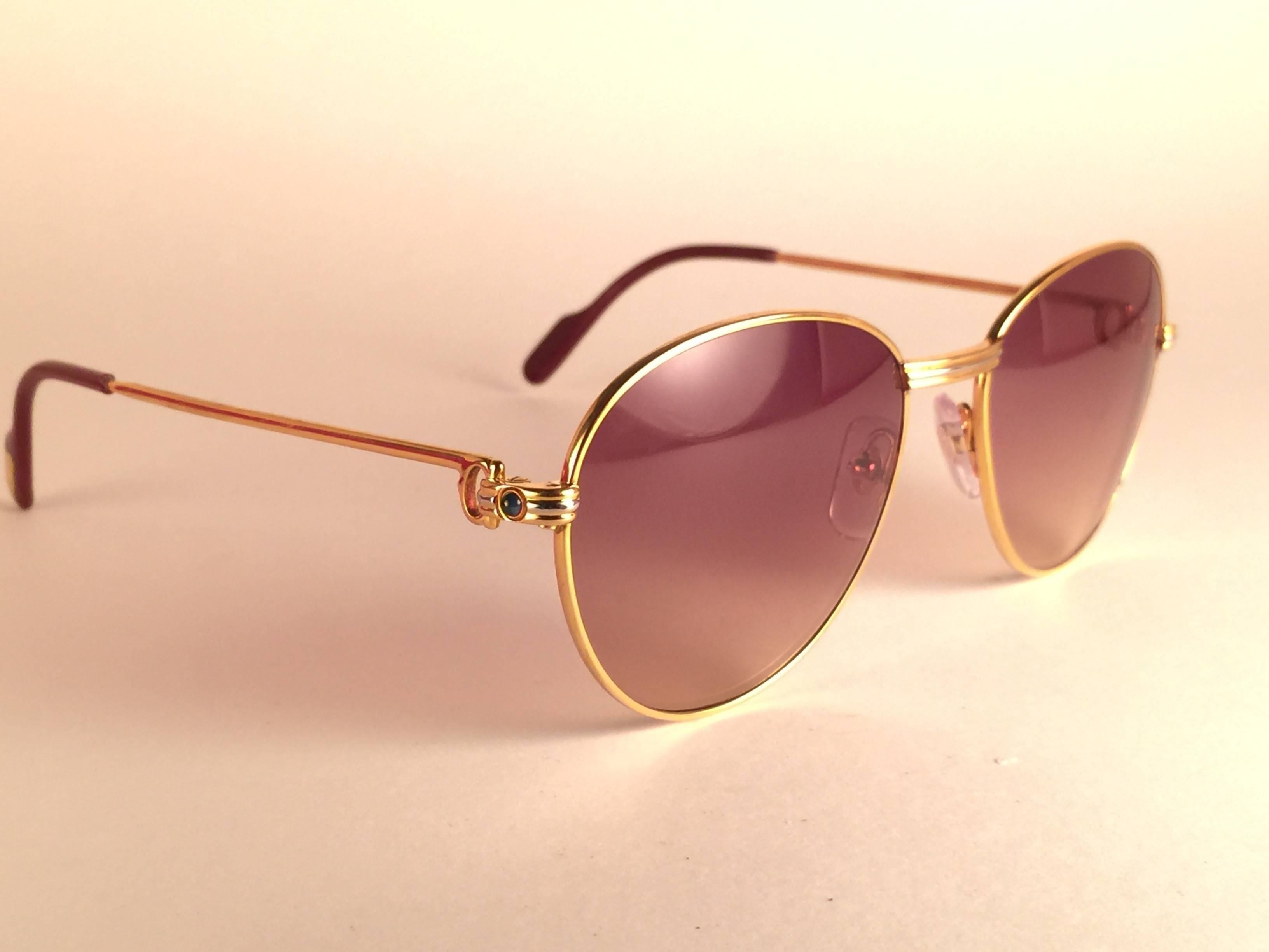 Mint Vintage Cartier Louis Sapphire 55mm Sunglasses Heavy Gold Plated 18k France 2