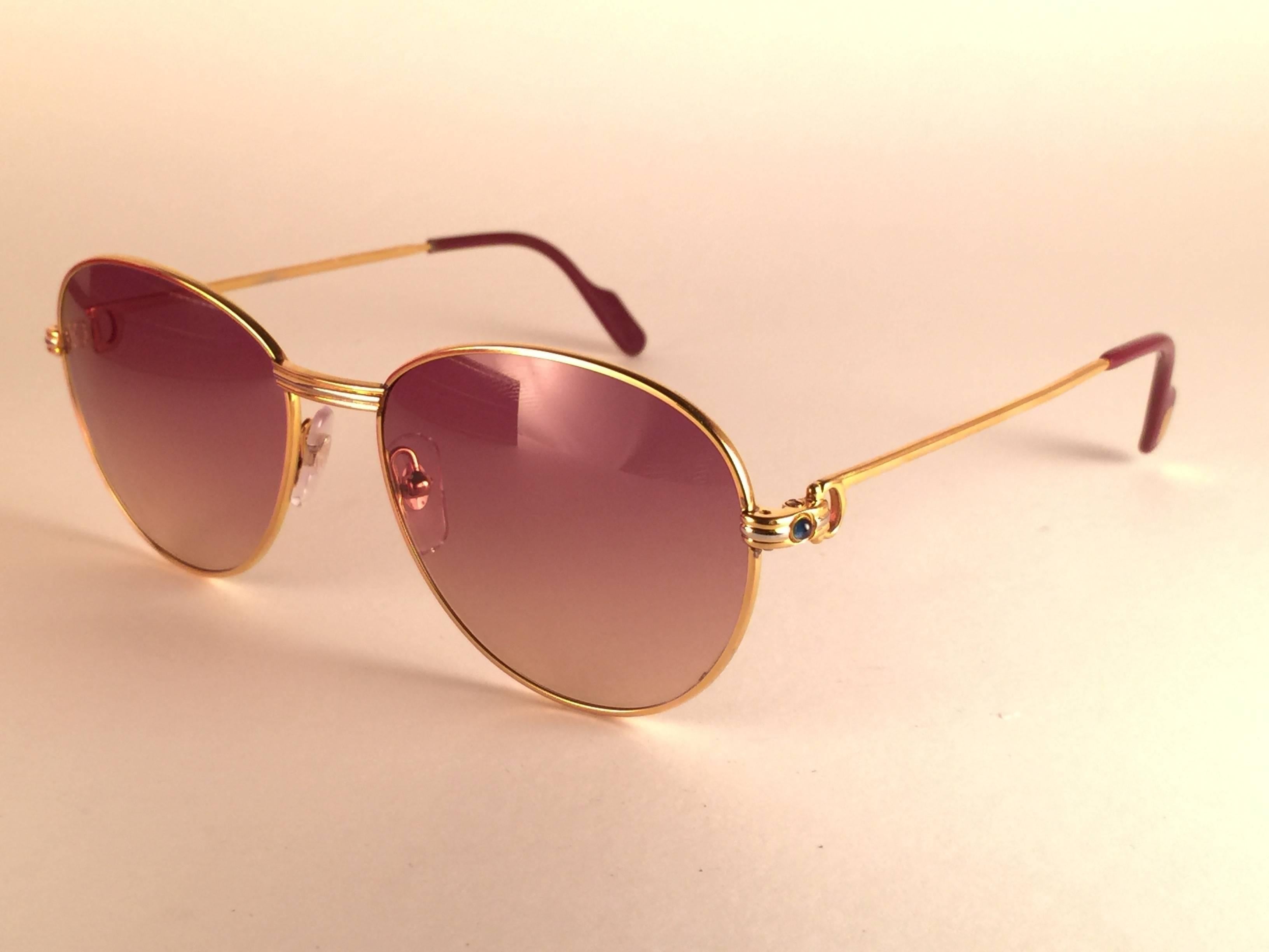 Mint Vintage Cartier Louis Sapphire 55mm Sunglasses Heavy Gold Plated 18k France 3