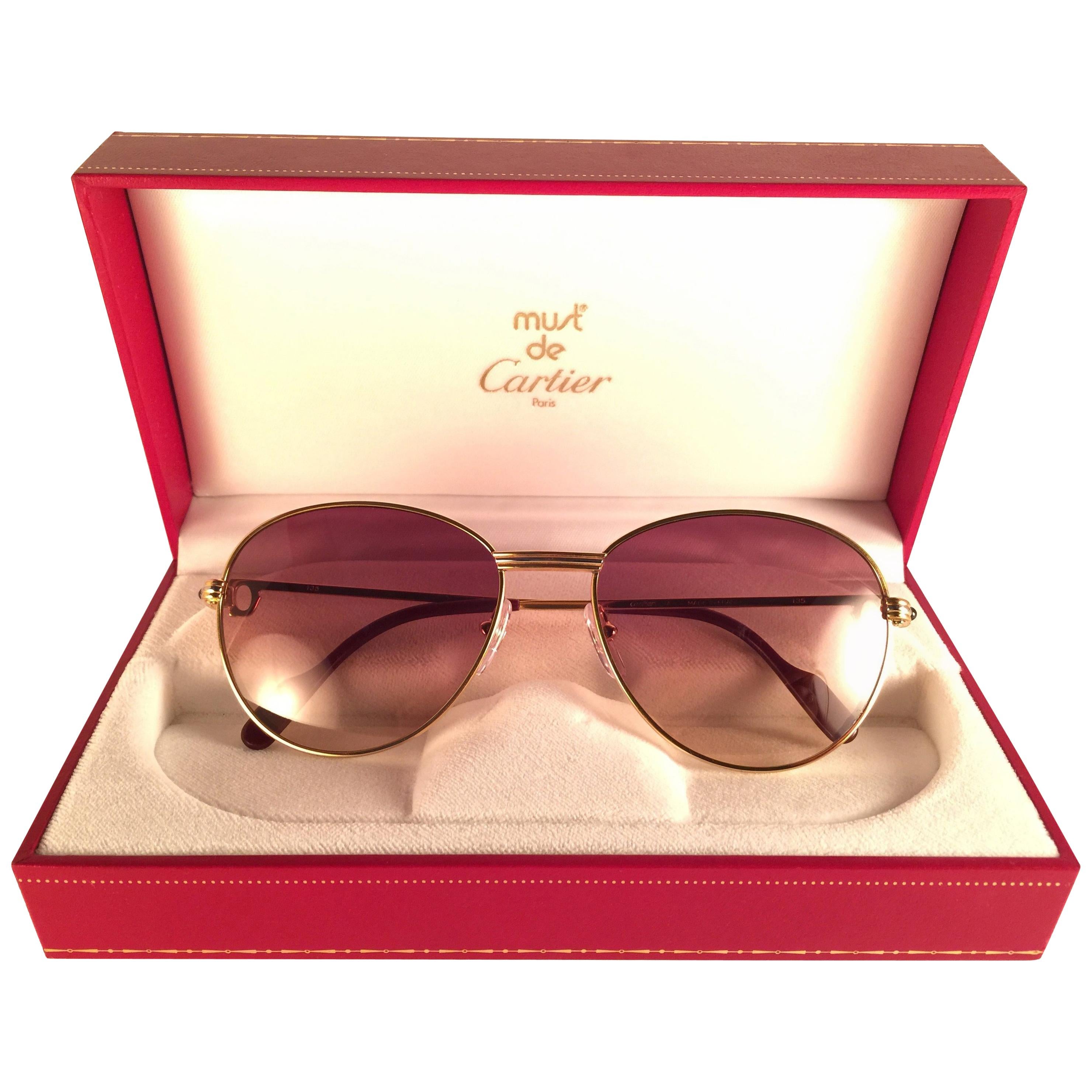 Mint Vintage Cartier Louis Sapphire 55mm Sunglasses Heavy Gold Plated 18k France