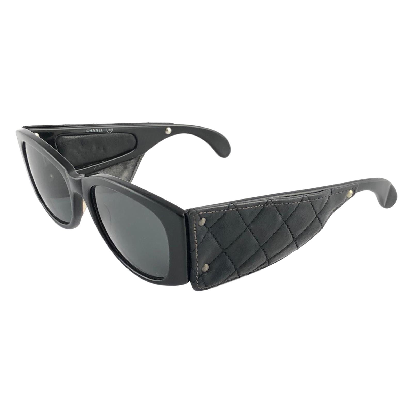 Chanel '90s Vintage Black Acetate Sunglasses w/ CC and Quilted Arms For