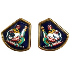MINT. Vintage Hermes navy cloisonne, golden, and muticolor fan shape earrings.