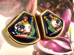 MINT. Vintage Hermes navy cloisonne, golden, and muticolor fan shape earrings.