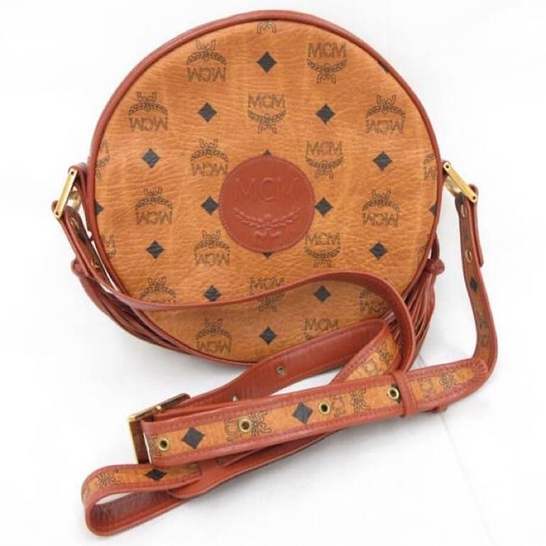 MINT. Vintage MCM brown monogram round Suzy Wong shoulder bag with brown leather In Excellent Condition In Kashiwa, Chiba