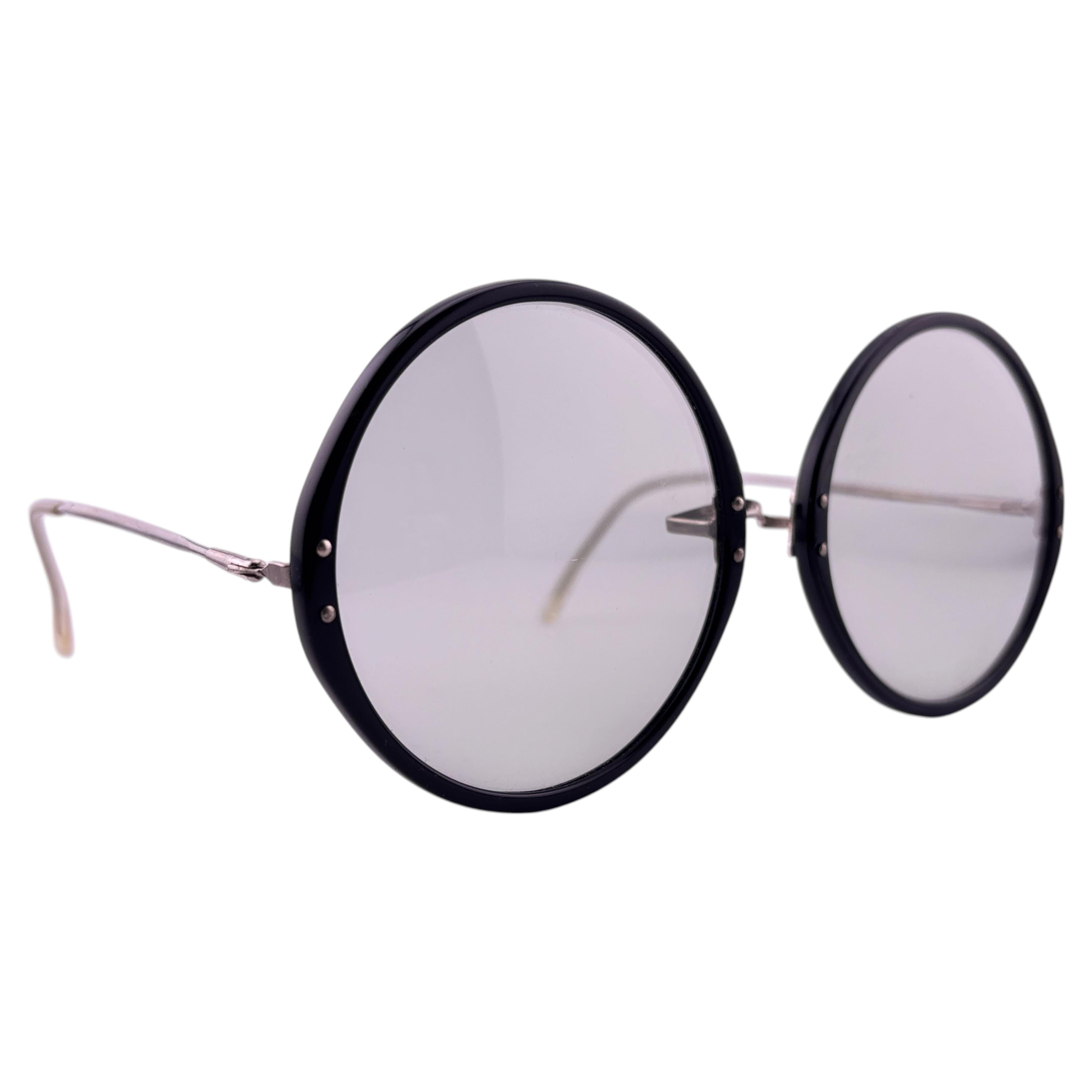 Mint Vintage Round Oversized Black & Silver Frame Sunglasses 1960's France For Sale
