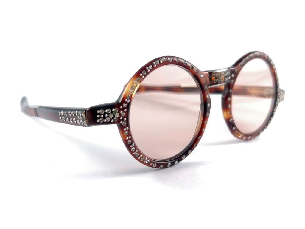 Women's Mint Vintage Round Rhinestones Tortoise Foldable 1980's France Sunglasses For Sale