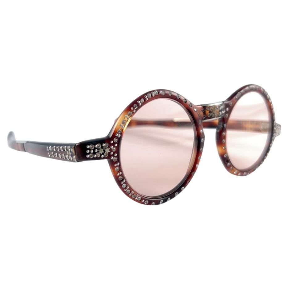 Mint Vintage Round Rhinestones Tortoise Foldability 1980's France Sunglasses en vente