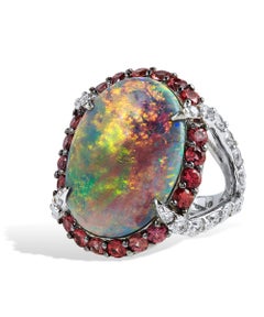 Mintabie Opal, White Diamonds, Orange Sapphires, 18k White Gold