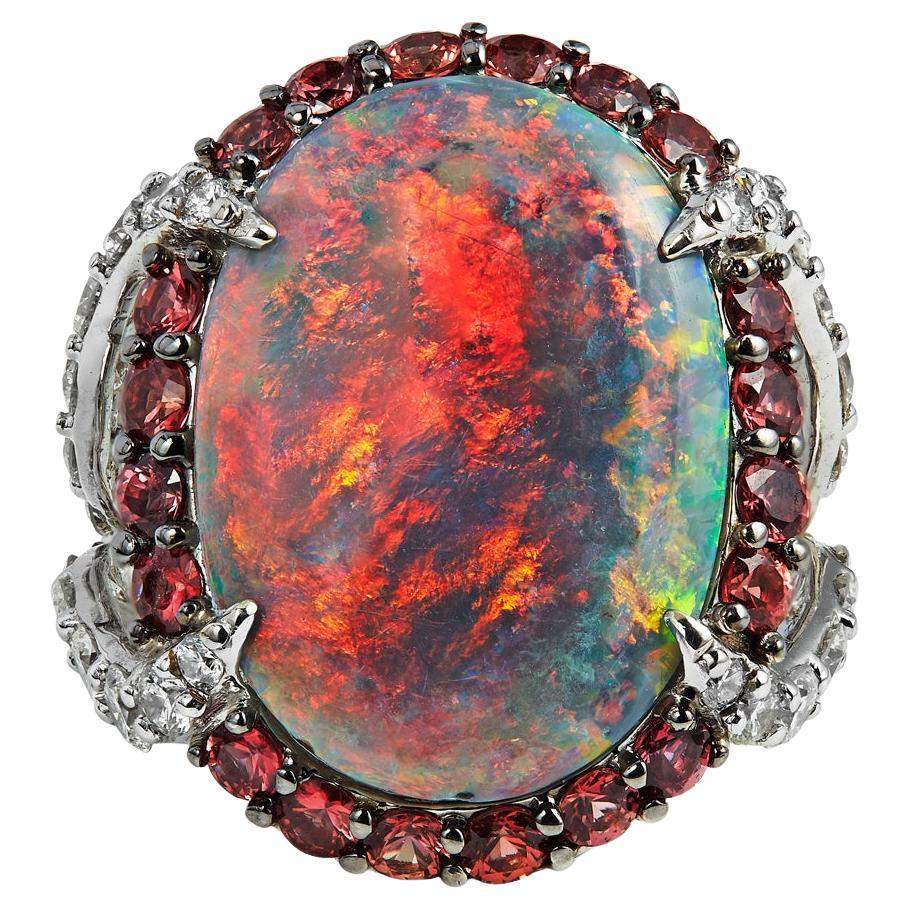 Mintabie Opal, White Diamonds, Orange Sapphires, 18k White Gold For Sale