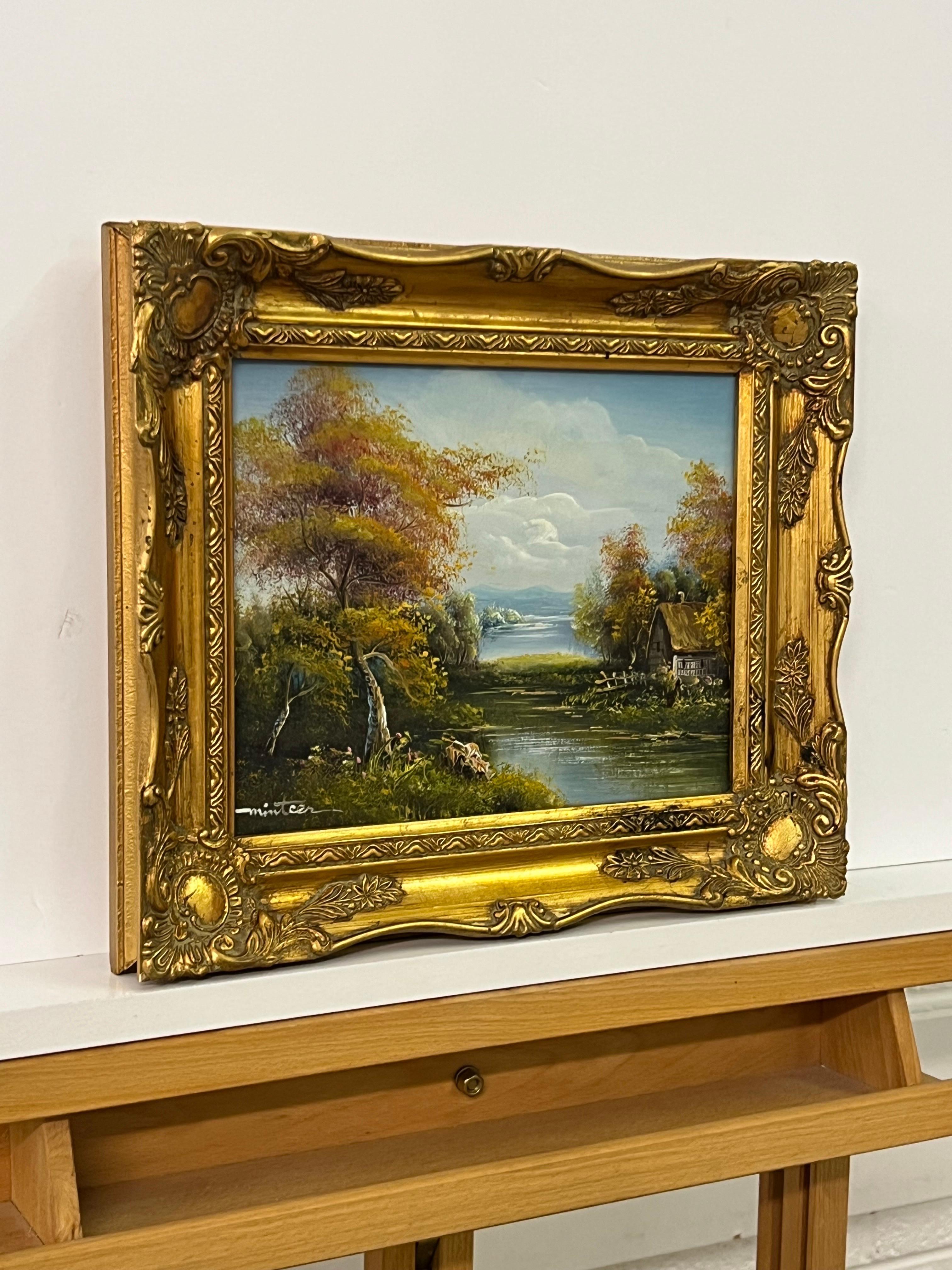 Pittura a olio d'epoca con paesaggio della foresta fluviale e cottage nella campagna inglese - Painting di Minteer
