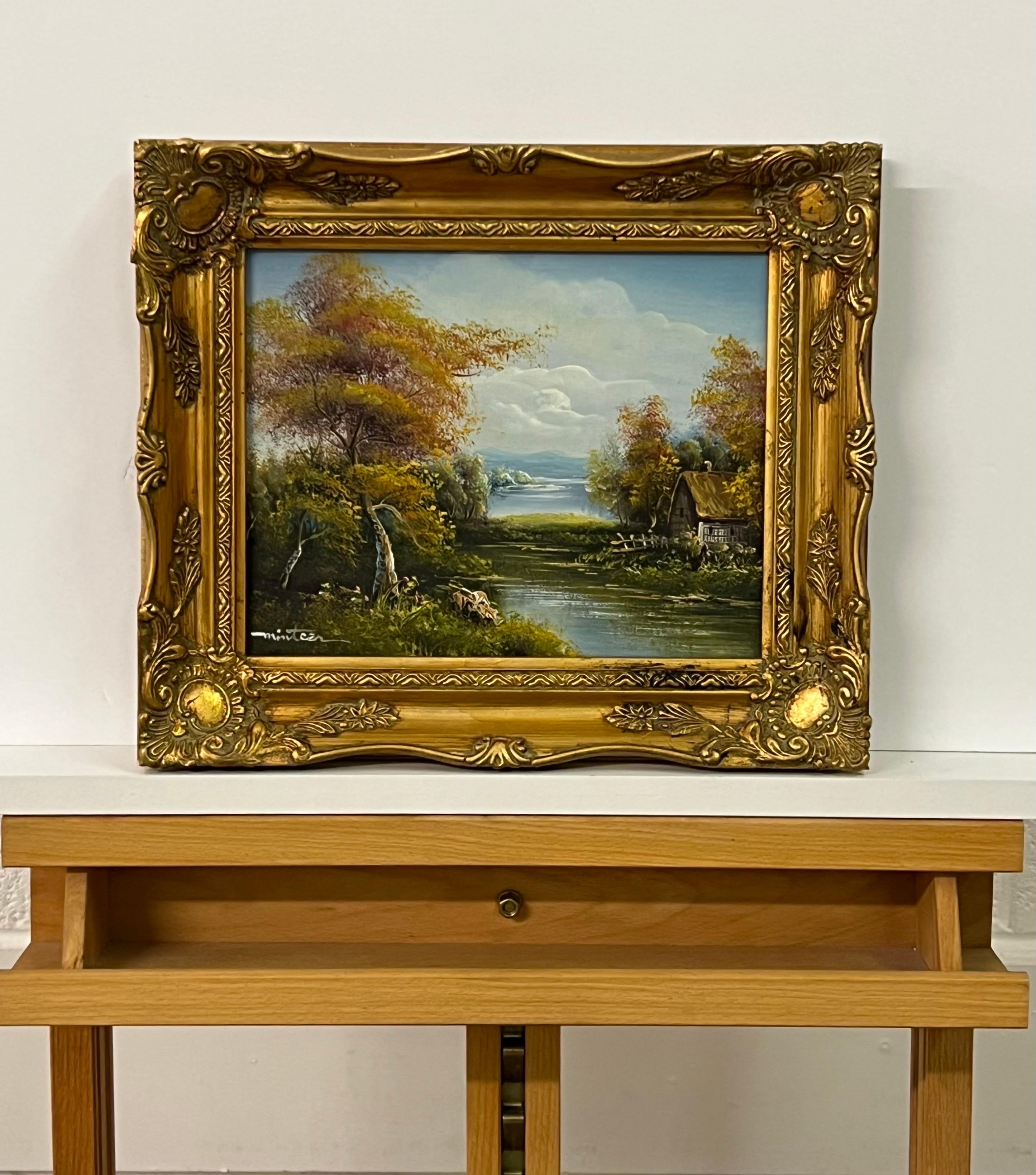 Pittura a olio d'epoca con paesaggio della foresta fluviale e cottage nella campagna inglese - Painting Realismo di Minteer