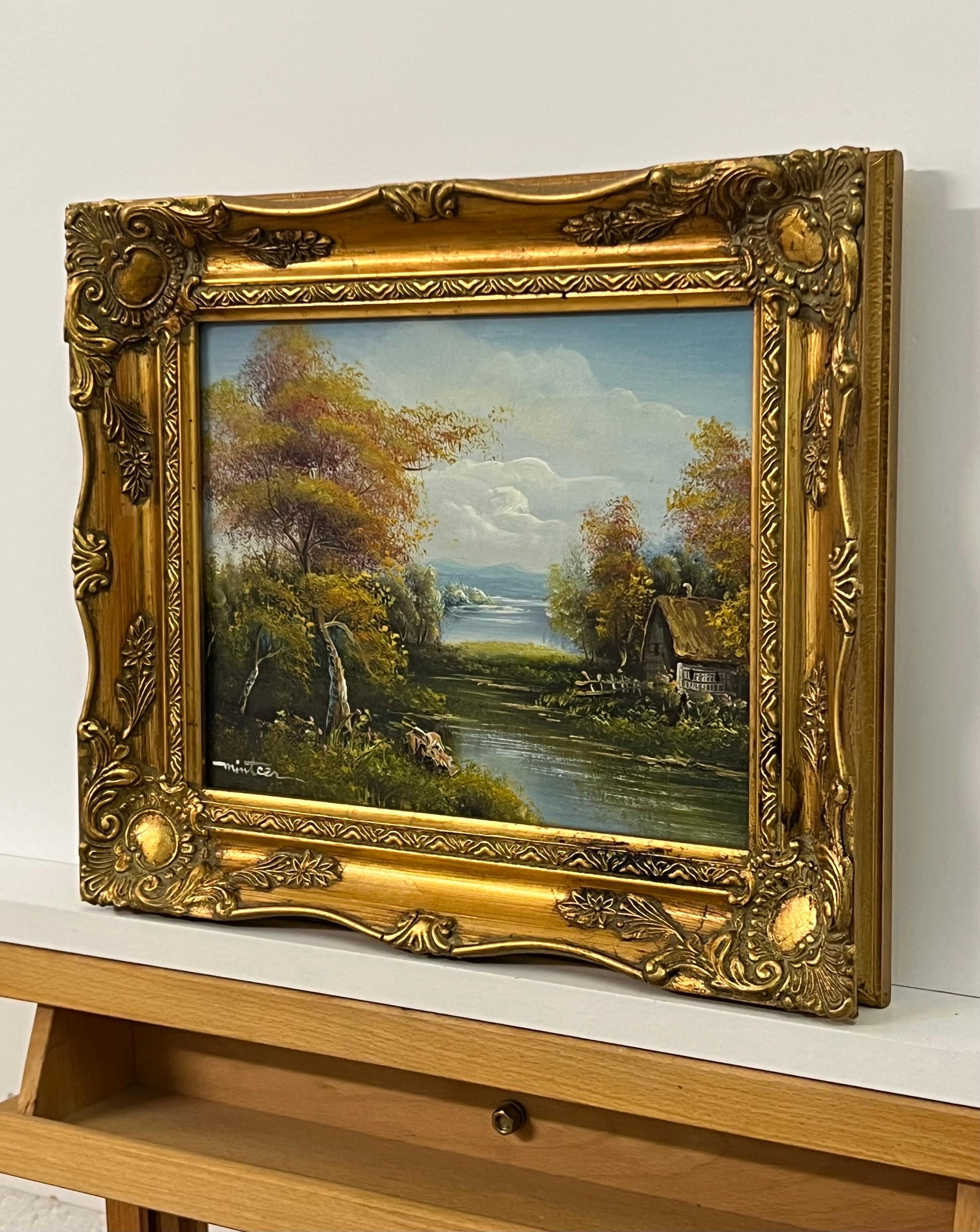 Pittura a olio d'epoca con paesaggio della foresta fluviale e cottage nella campagna inglese - Figurative Painting Marrone di Minteer