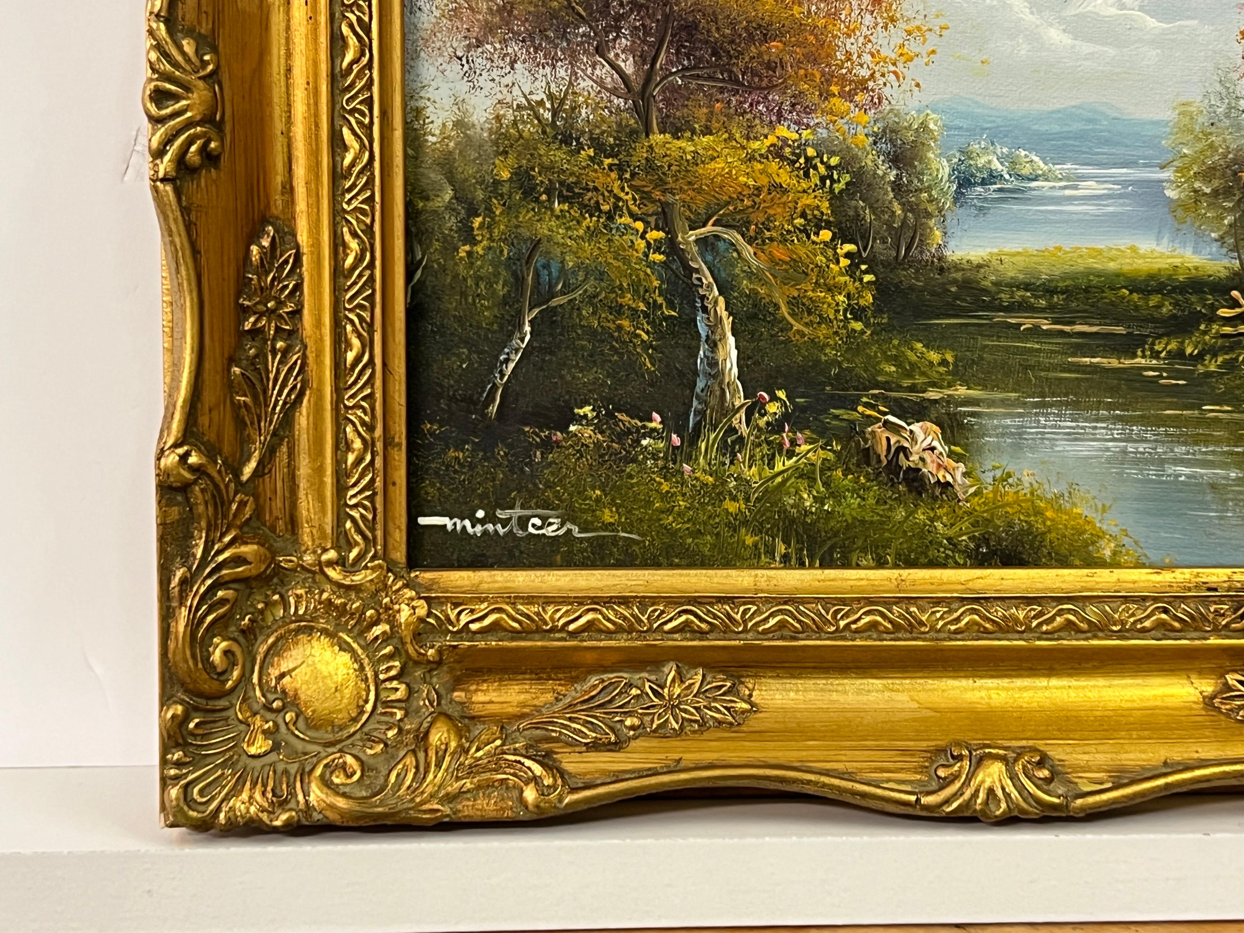 Pittura a olio d'epoca di un paesaggio della foresta fluviale con cottage nella campagna inglese dell'artista Minteer del XX secolo 

L'arte misura 10 x 8 pollici 
La cornice misura 13 x 11 pollici 

Viene fornito nella cornice originale in oro