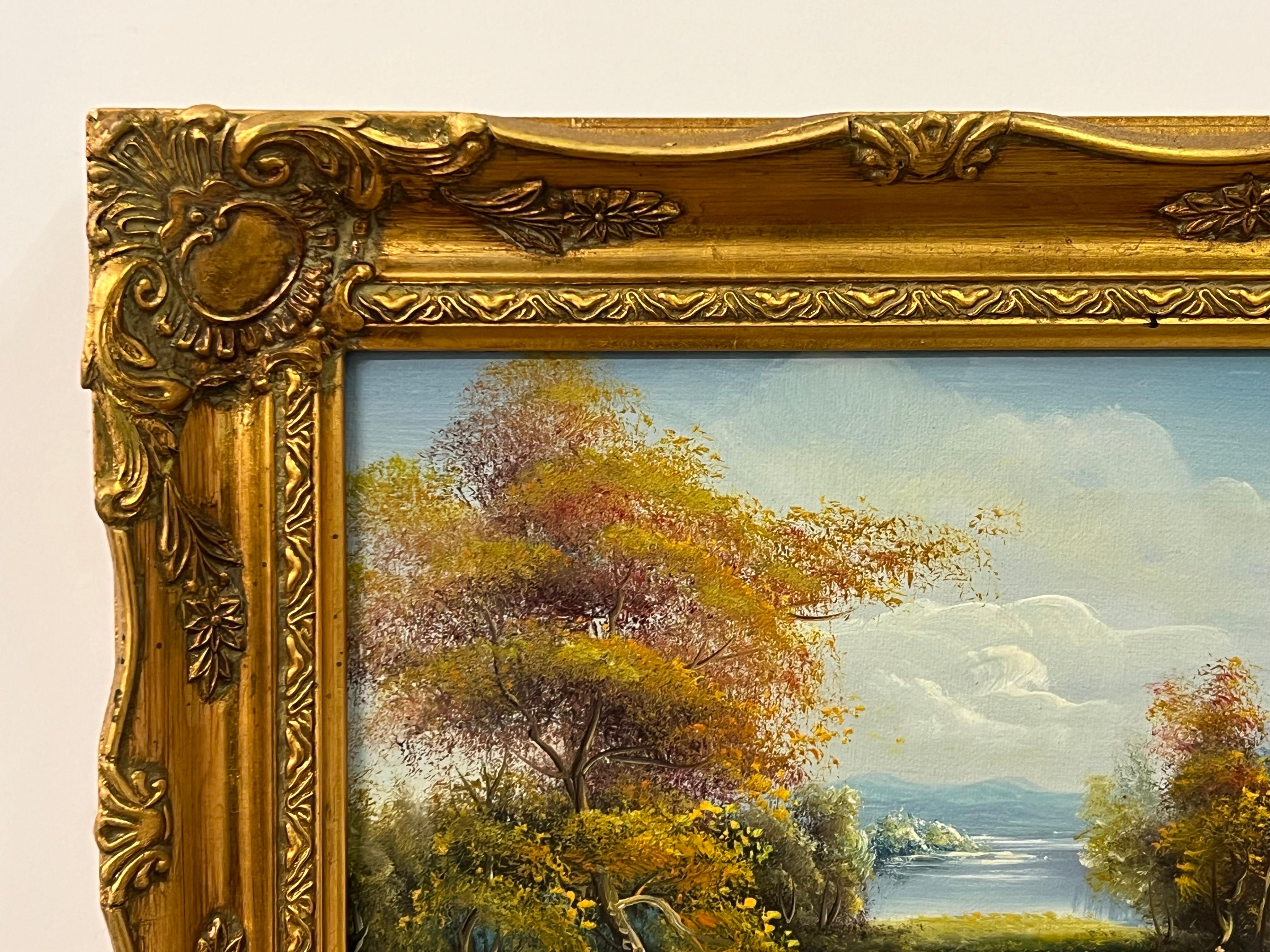 Pittura a olio d'epoca con paesaggio della foresta fluviale e cottage nella campagna inglese 1