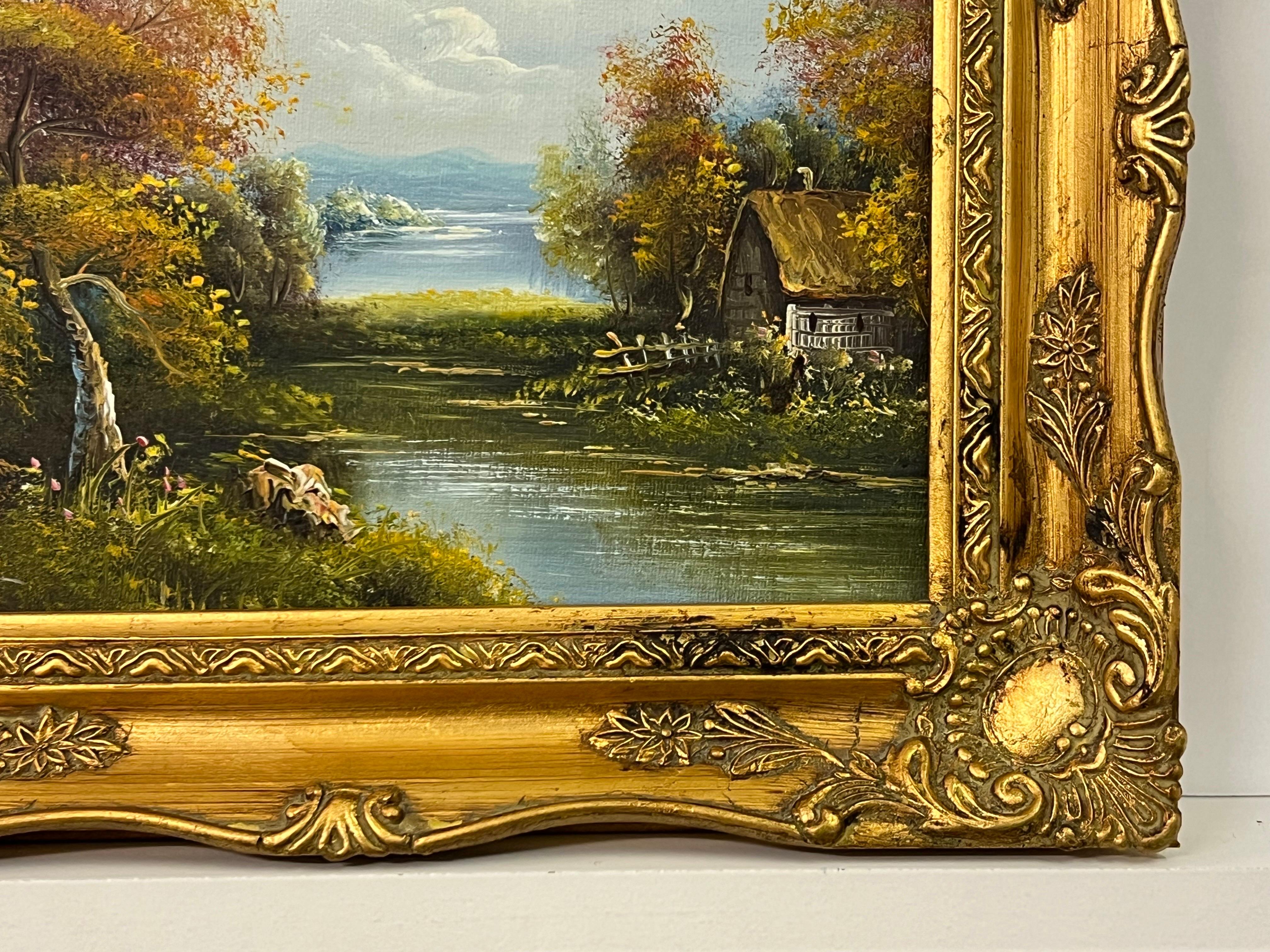 Pittura a olio d'epoca con paesaggio della foresta fluviale e cottage nella campagna inglese 2