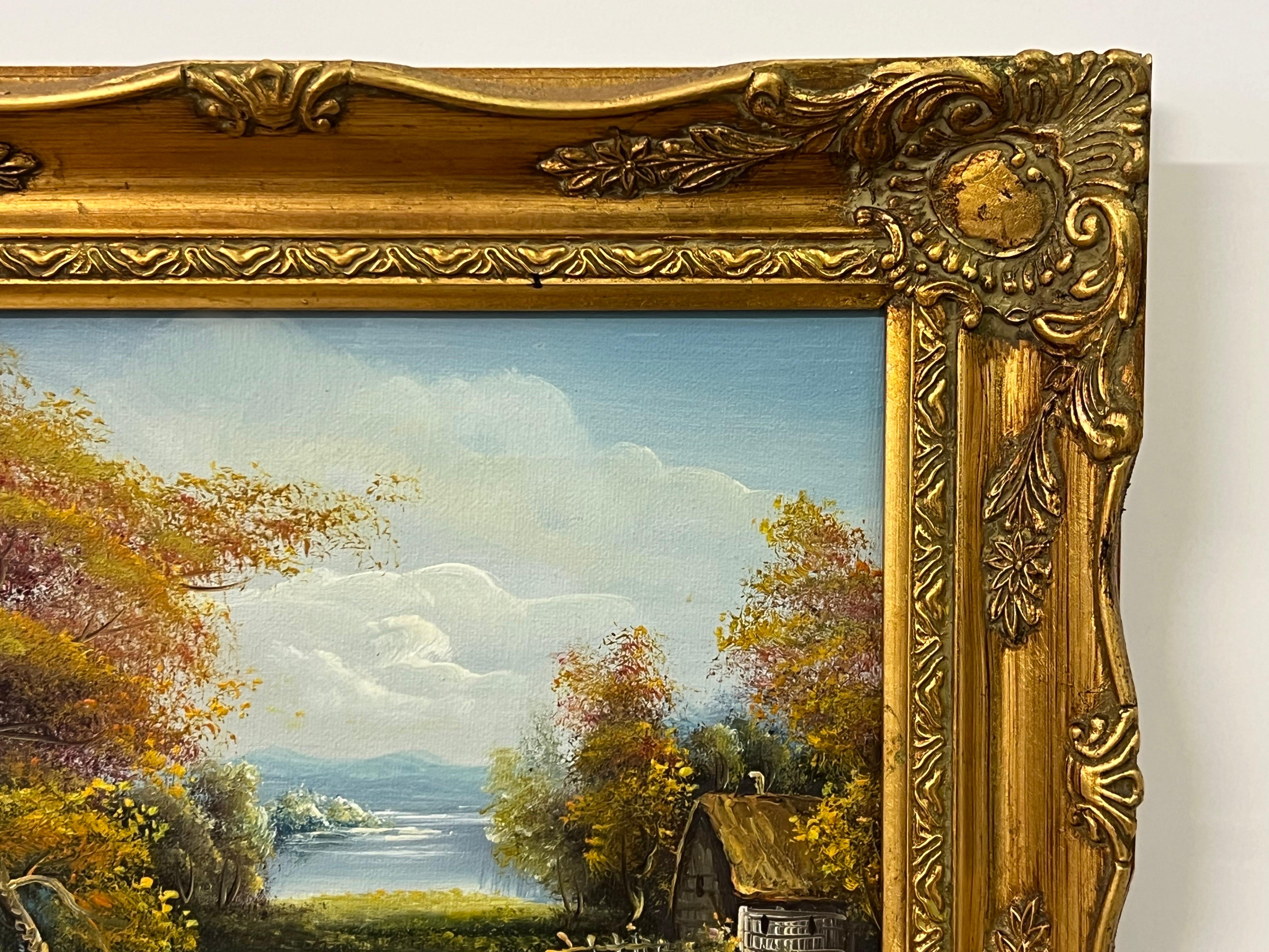 Pittura a olio d'epoca con paesaggio della foresta fluviale e cottage nella campagna inglese 3