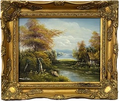 Vintage Oil Painting of River Forest Landscape & Cottage in English Countryside