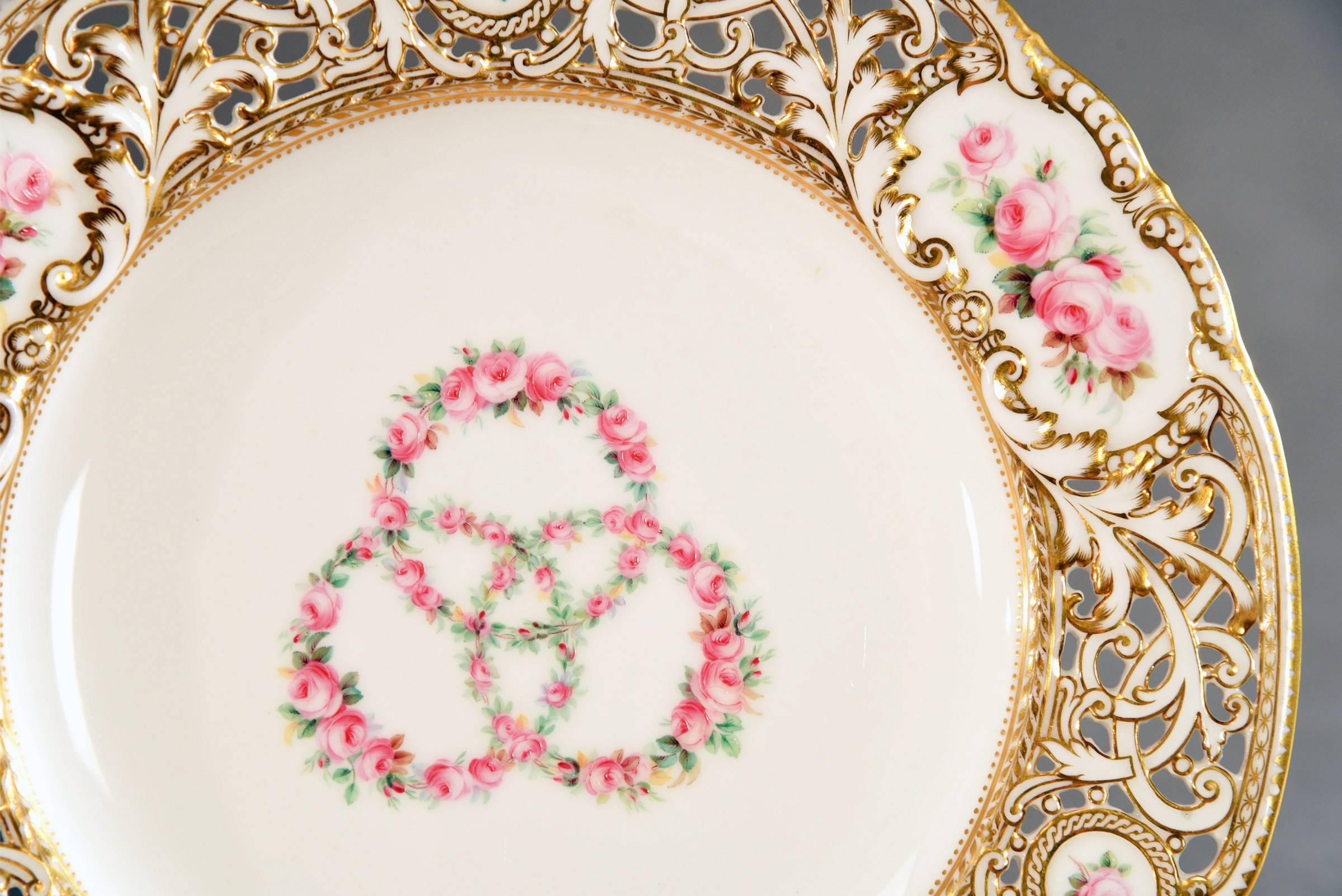 Neoclassical Minton 19th C Gilt Dessert Service 15 Pc. W/ Parian Figures Hand Painted Roses For Sale