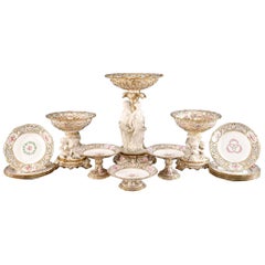 Minton 19th C Gilt Dessert Service 15 Pc. W/ Parian Figures Hand Painted Roses