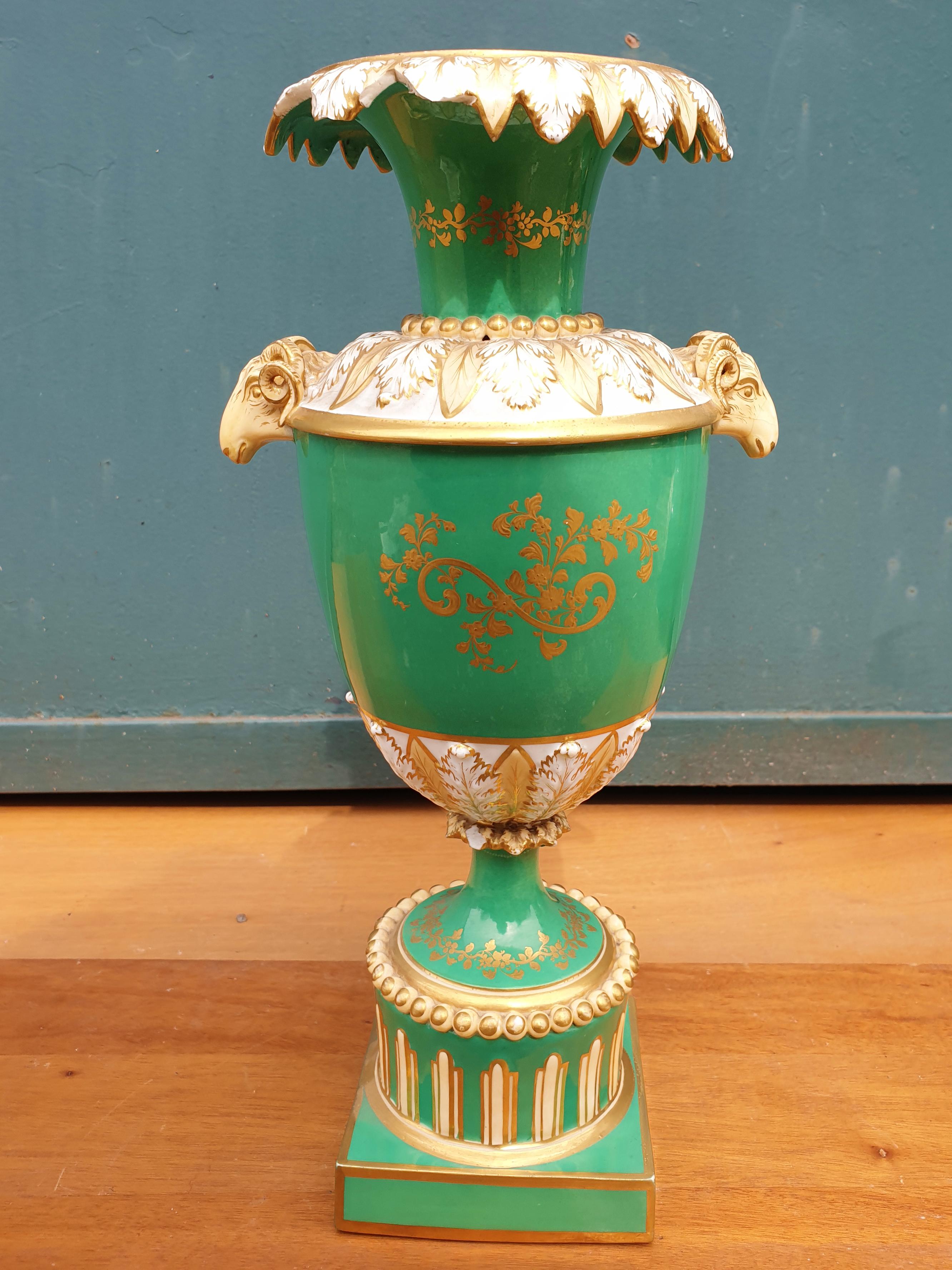 Minton 19th Century Rams Head Hand Painted Green Vase For Sale 5