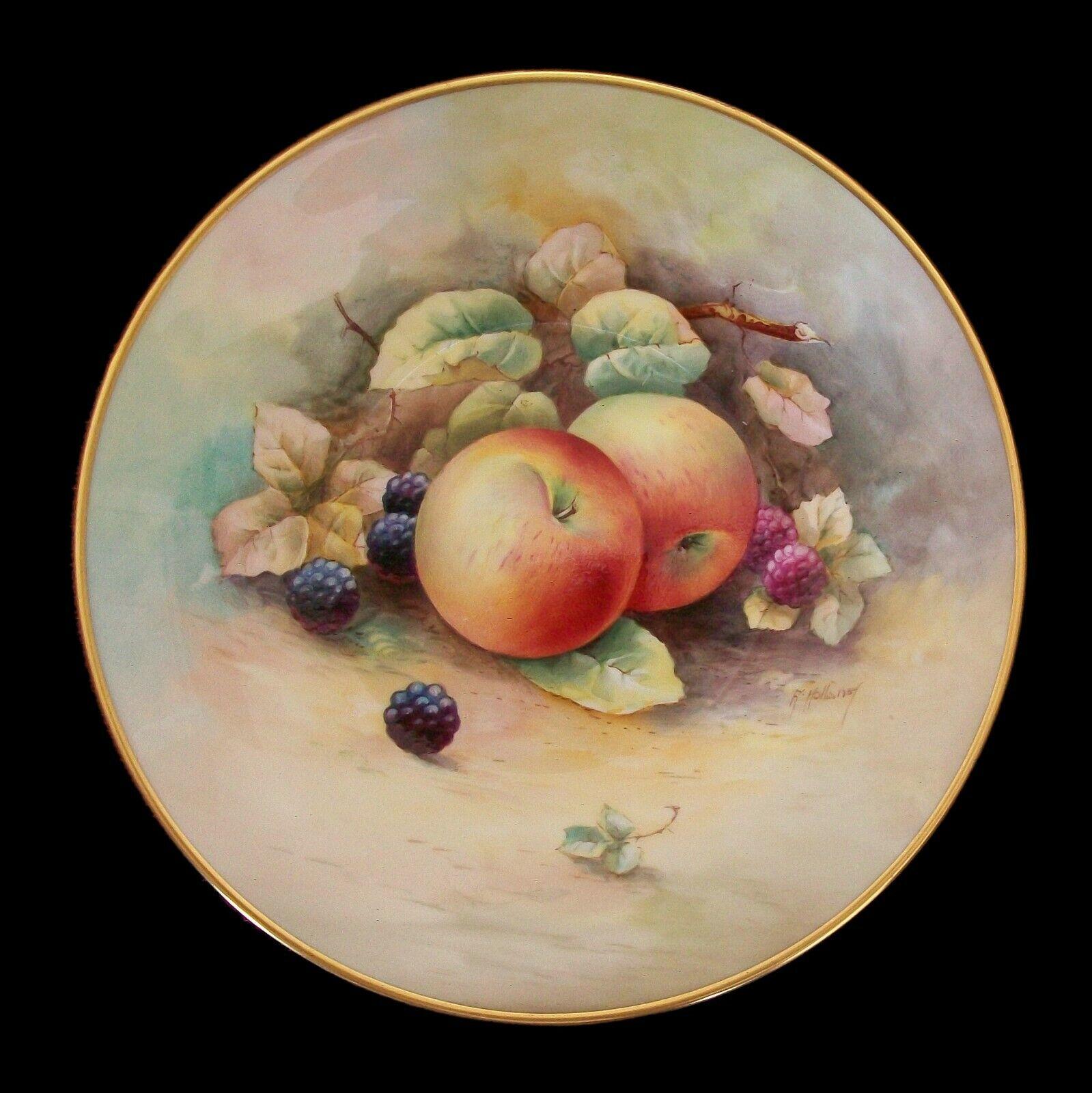 MINTON - Arthur Dale Holland (Artist/Painter, 1896-1979) - Fine and rare vintage bone china cabinet plate - hand painted - featuring a display of fruit including apples, blackberries and raspberries - simple single line gilded border - signed by the